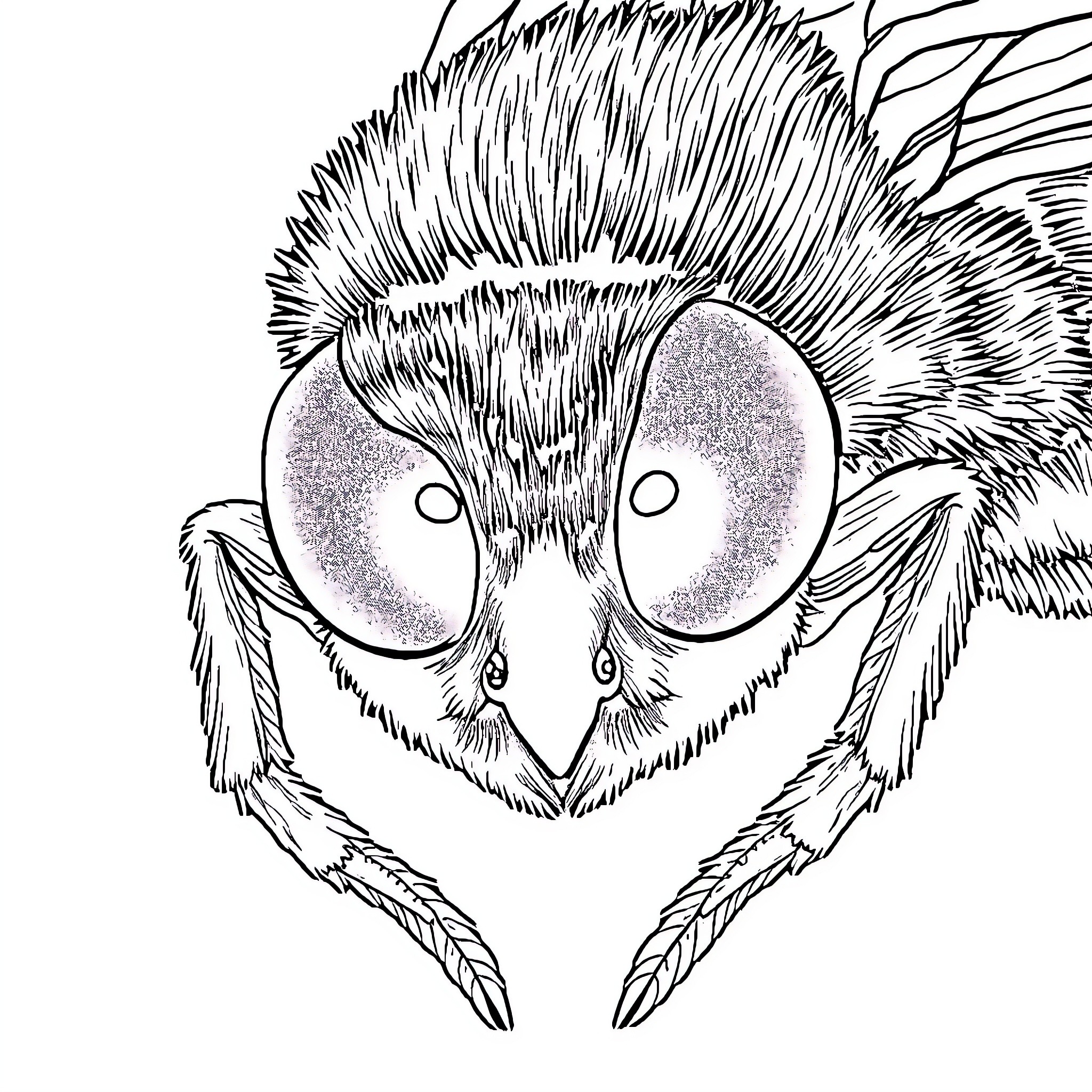 Spider with Piercing Eyes and Fearsome Expression Coloring Page (free black-and-white line drawing printable PDF for all, from beginners to advanced learners, including children, teens, adults, and seniors)