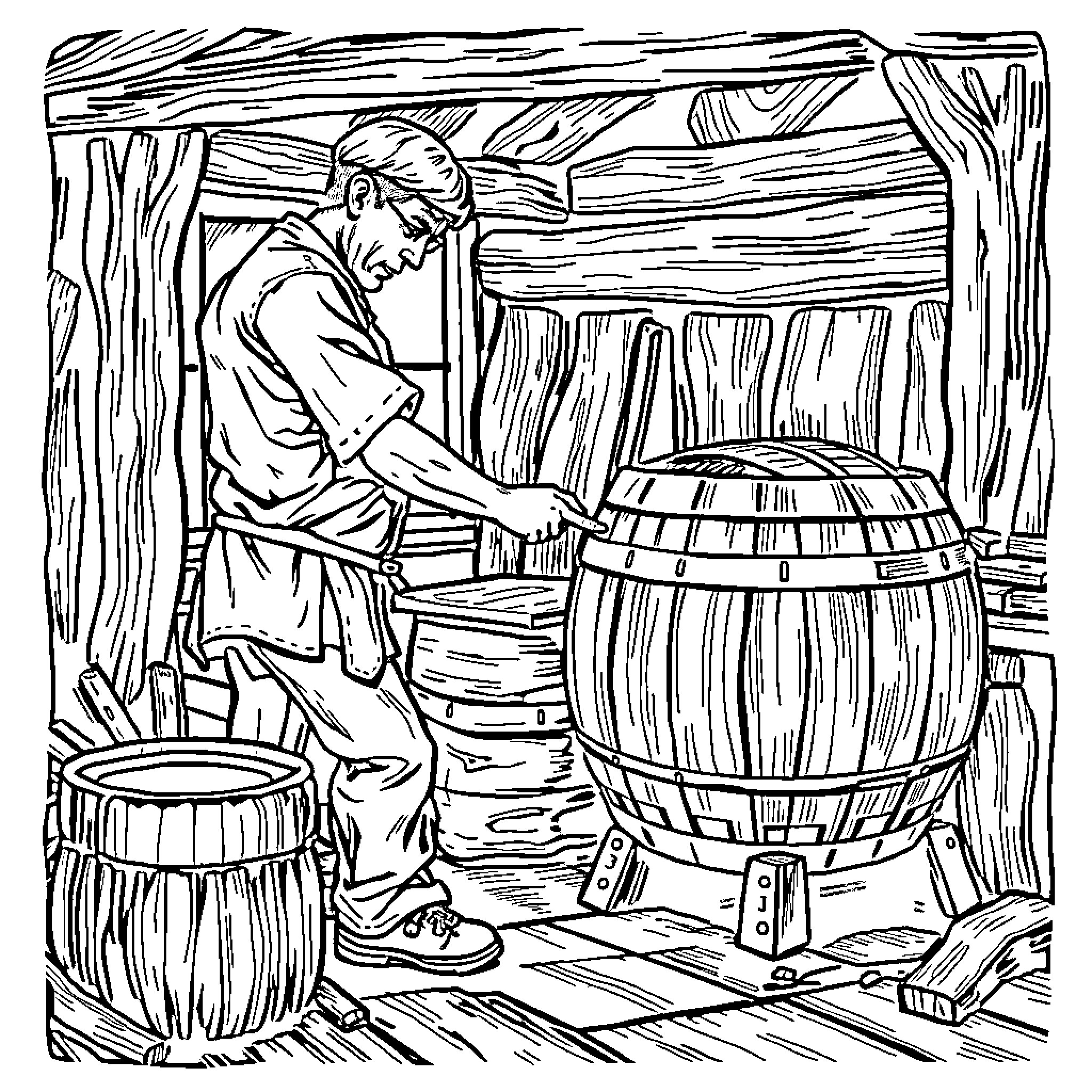 Cooper crafting wooden barrels in his workshop Coloring Page (free black-and-white line drawing printable PDF for all, from beginners to advanced learners, including children, teens, adults, and seniors)