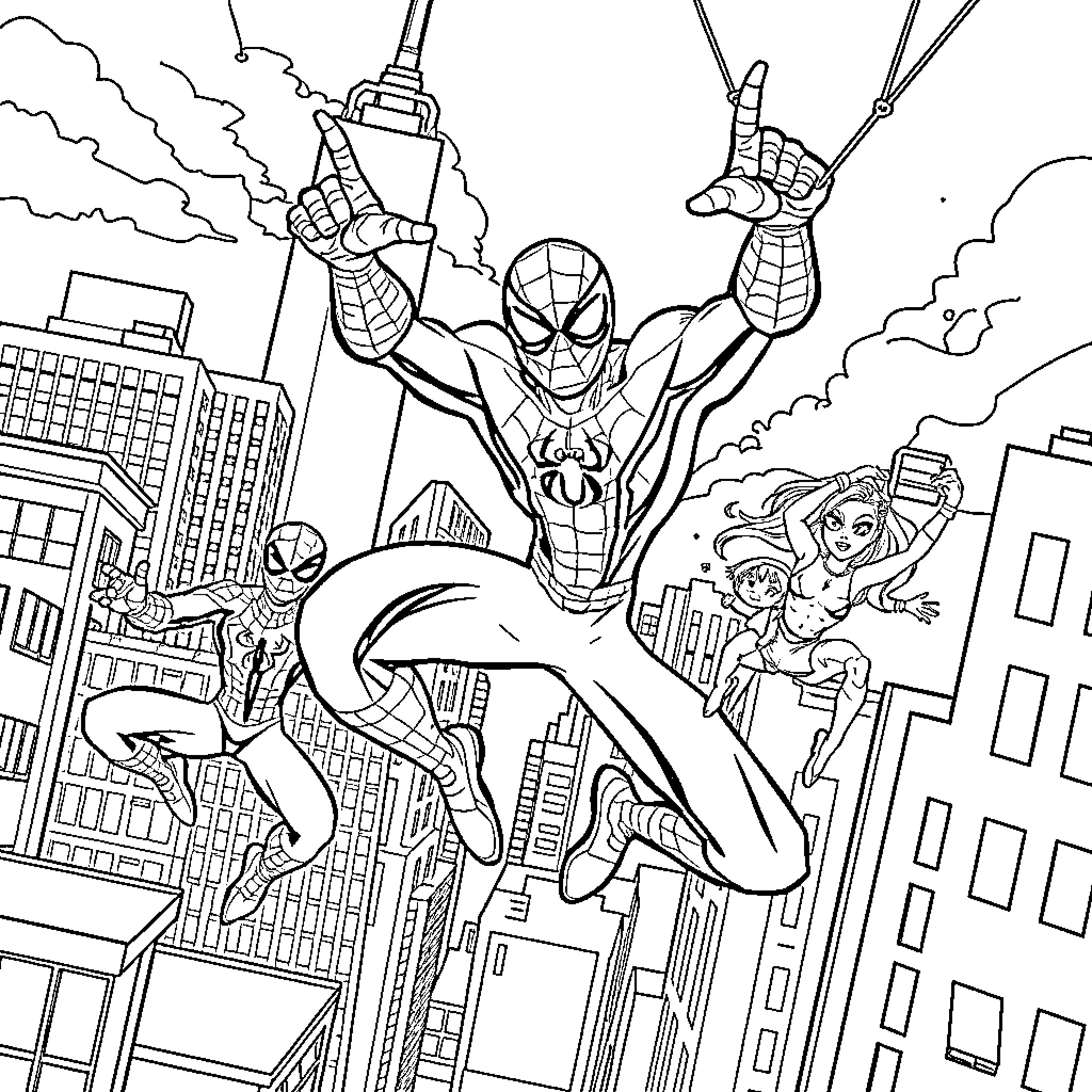 Spider Hero Swinging Through Skyscrapers Coloring Page (free black-and-white line drawing printable PDF for all, from beginners to advanced learners, including children, teens, adults, and seniors)