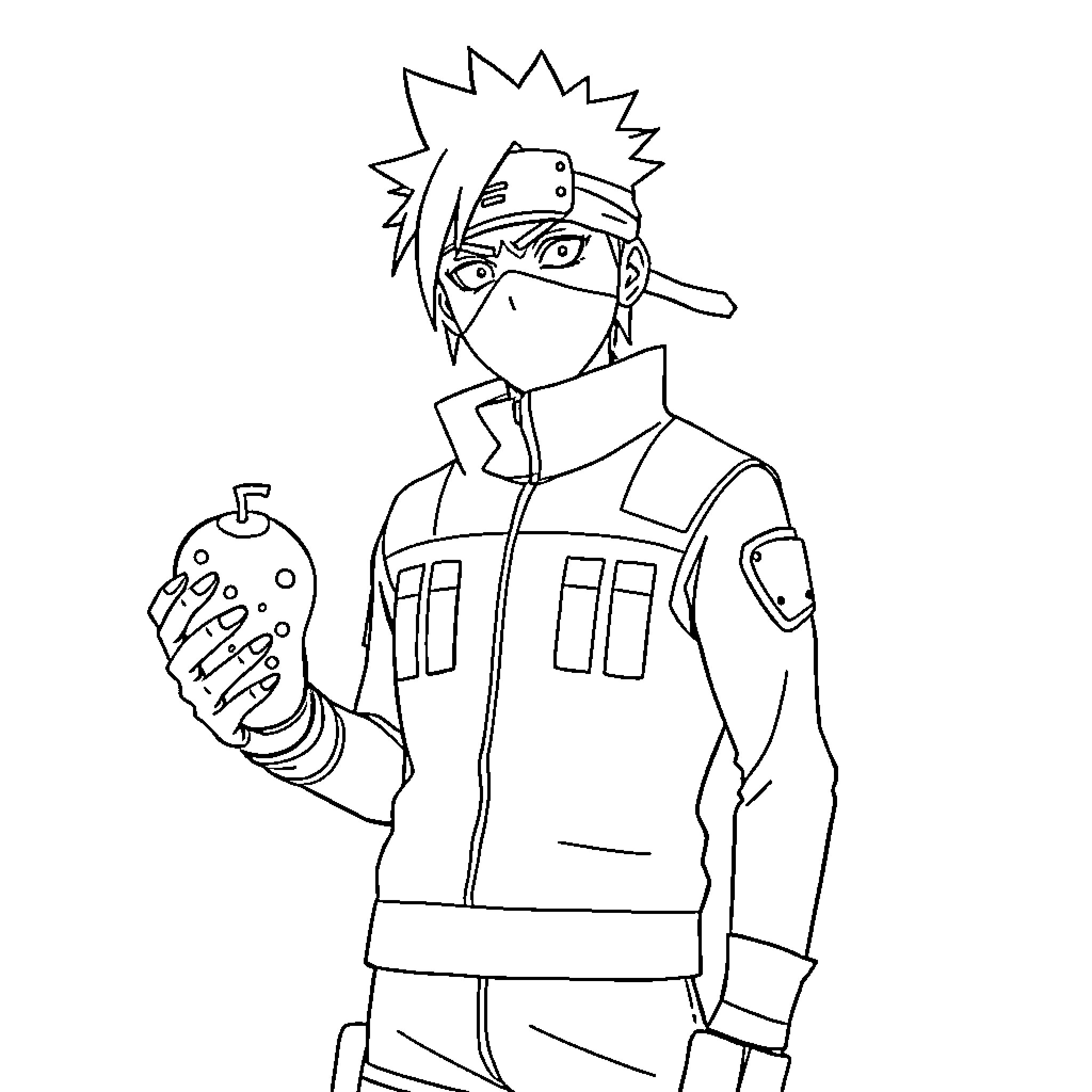 Kakashi in ninja gear with hand signs Coloring Page (free black-and-white line drawing printable PDF for all, from beginners to advanced learners, including children, teens, adults, and seniors)