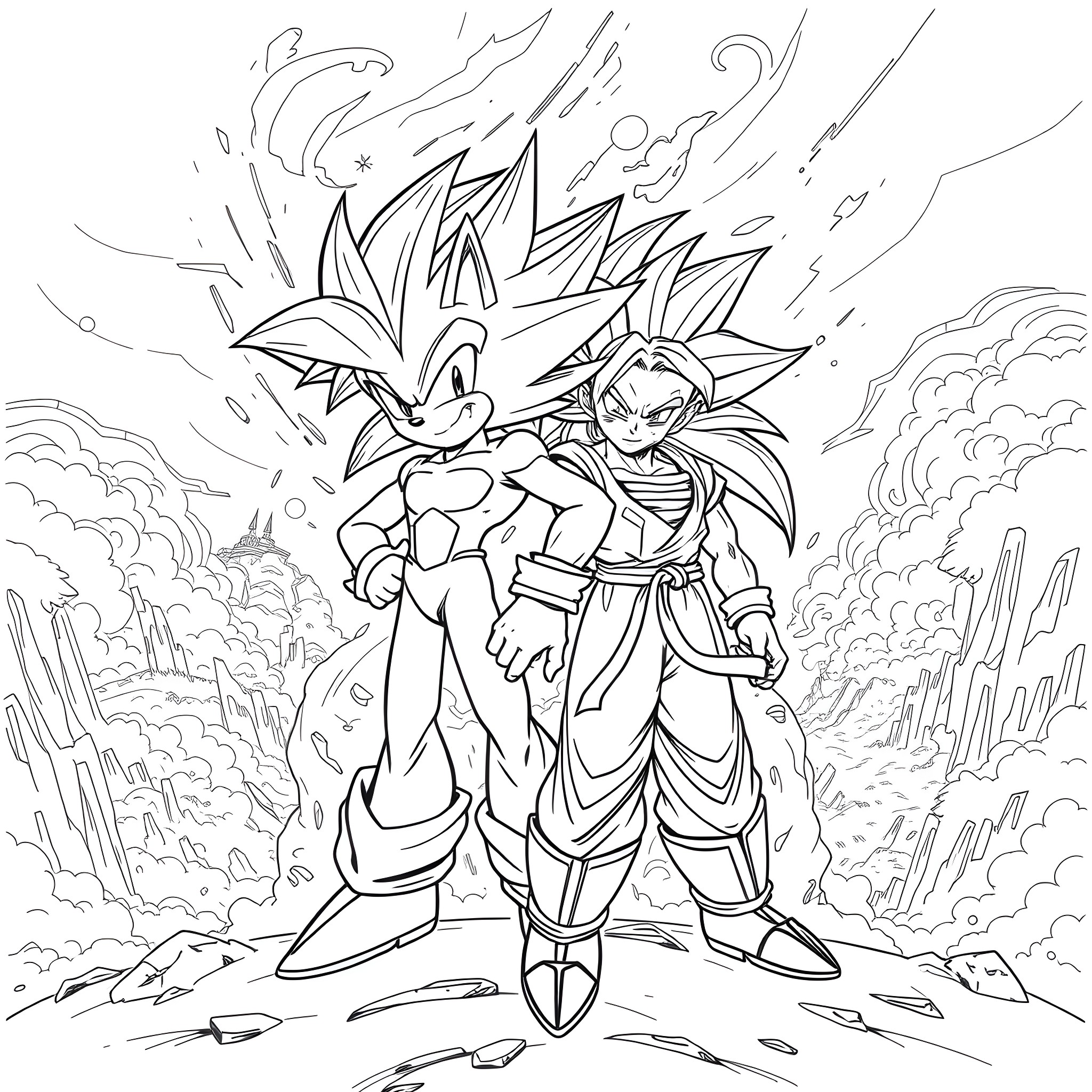 Sonic characters engaged in intense battle Coloring Page (free black-and-white line drawing printable PDF for all, from beginners to advanced learners, including children, teens, adults, and seniors)