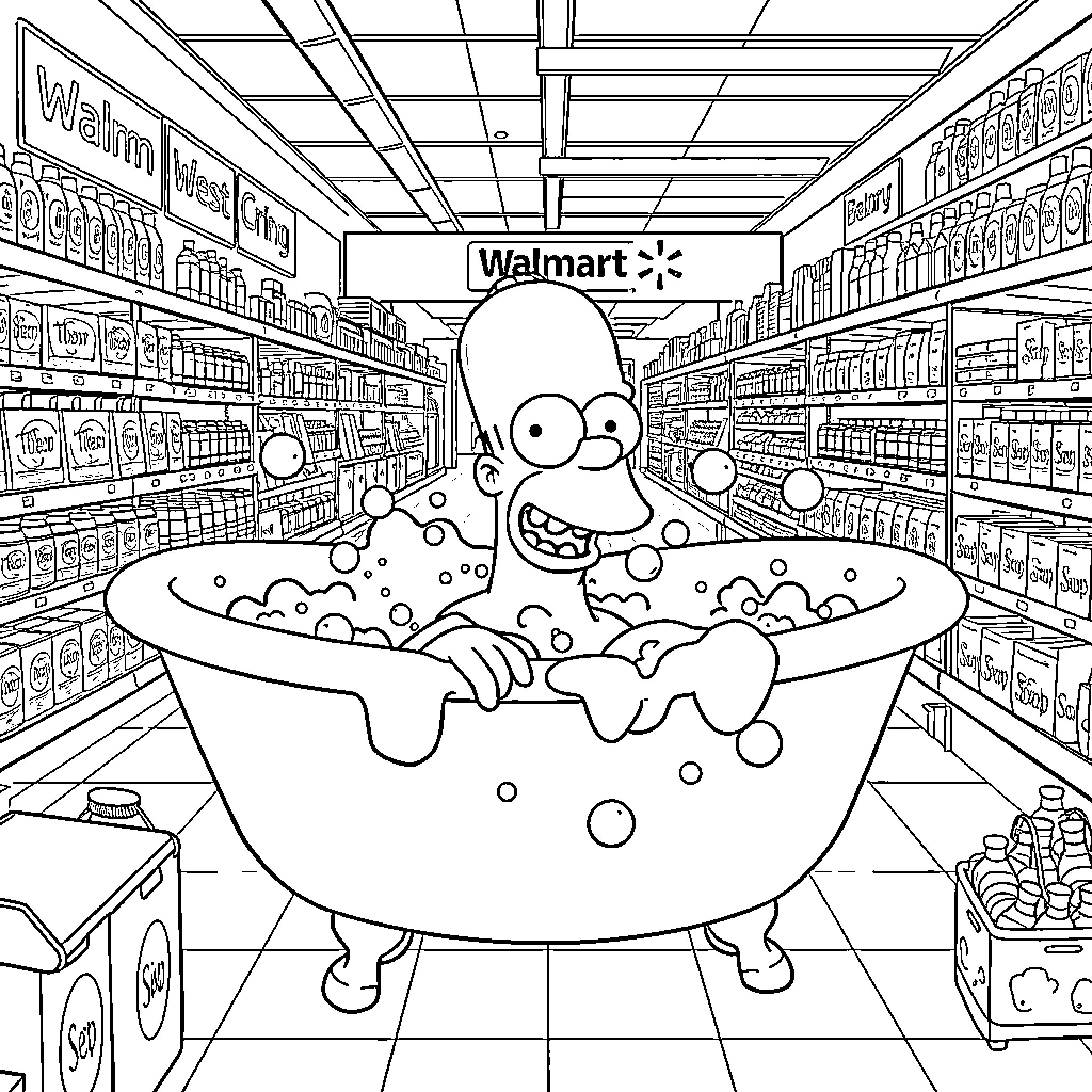Homer Simpson enjoying a relaxing bubble bath at Walmart Coloring Page (free black-and-white line drawing printable PDF for all, from beginners to advanced learners, including children, teens, adults, and seniors)