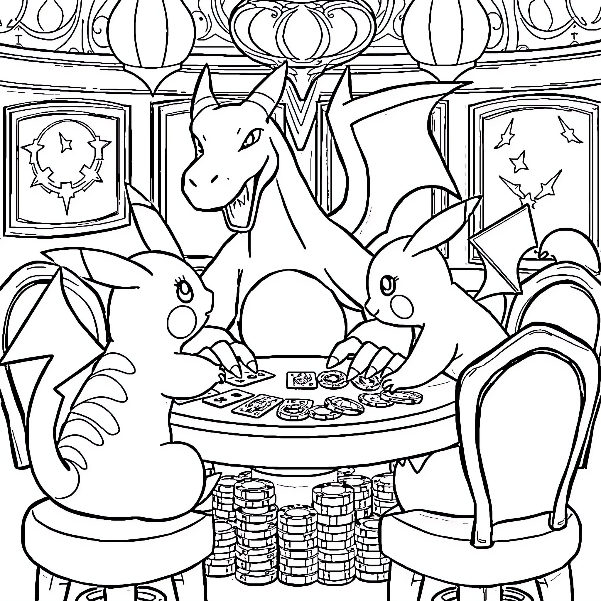 Charizard enjoying a game with friends in a fantasy setting Coloring Page (free black-and-white line drawing printable PDF for all, from beginners to advanced learners, including children, teens, adults, and seniors)