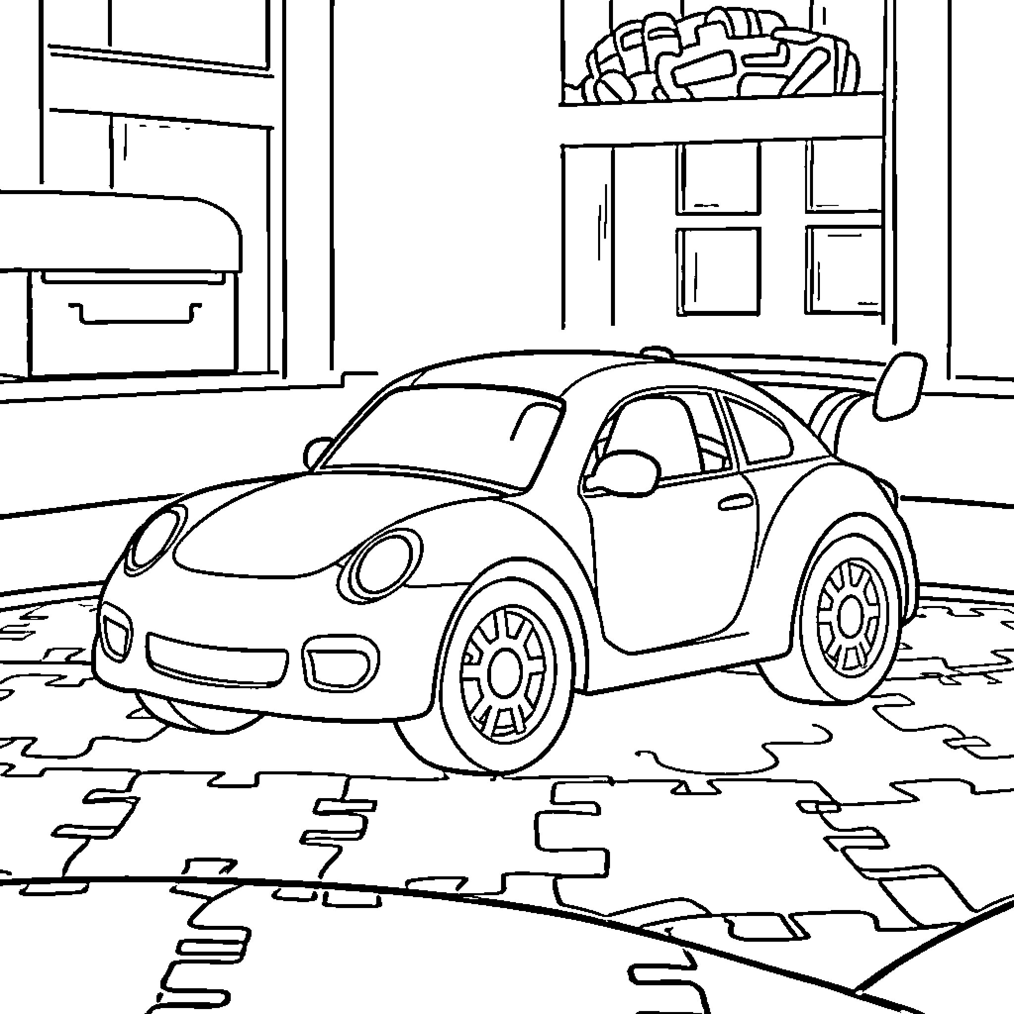 Toy Car in a Garage Coloring Page (free black-and-white line drawing printable PDF for all, from beginners to advanced learners, including children, teens, adults, and seniors)