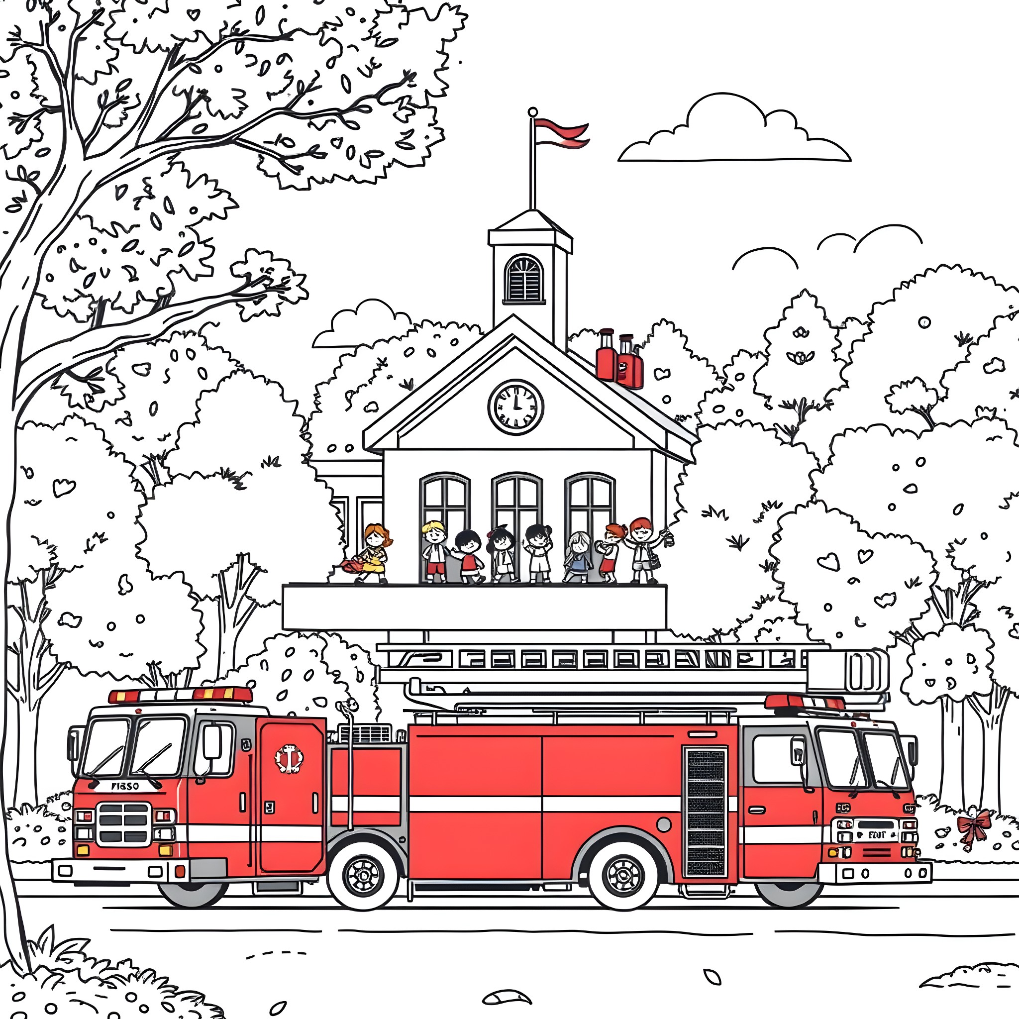 Fire Truck Arriving at School Building Coloring Page (free black-and-white line drawing printable PDF for all, from beginners to advanced learners, including children, teens, adults, and seniors)