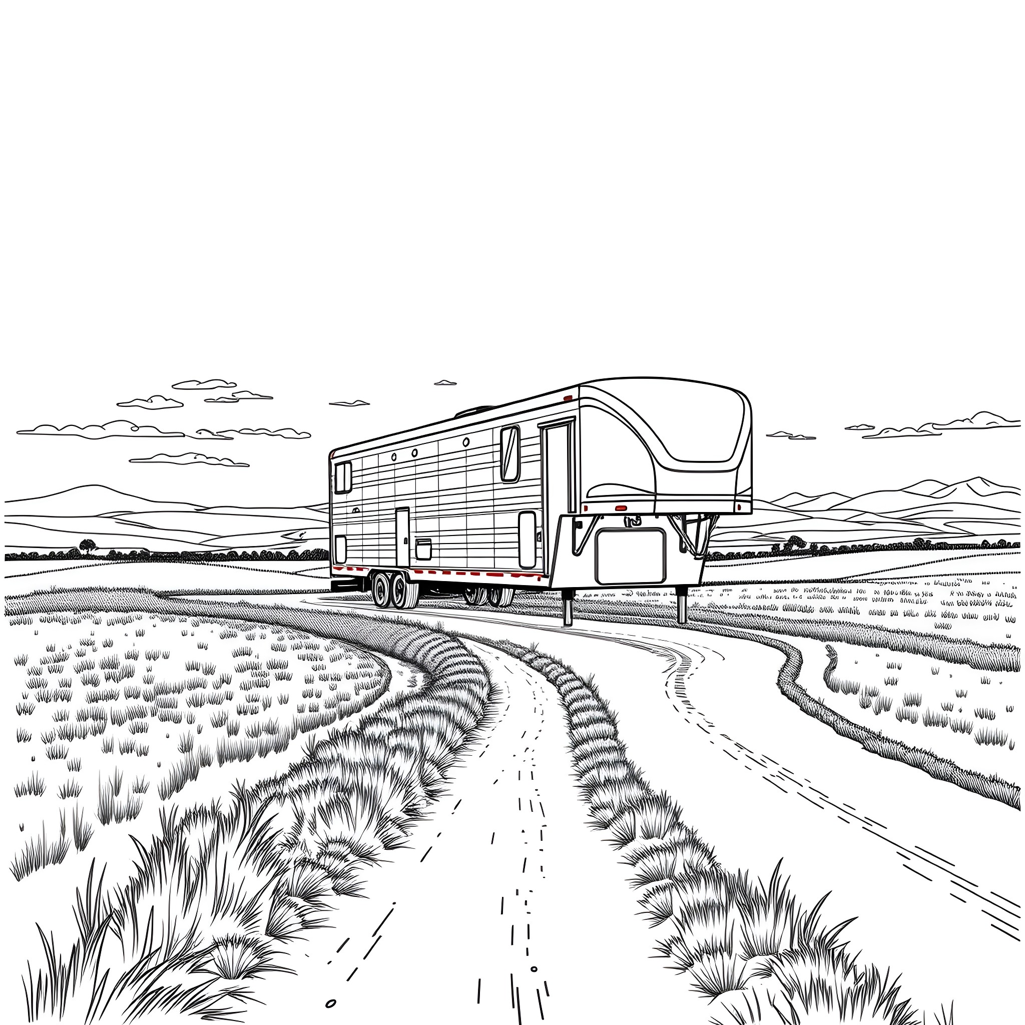 Gooseneck Trailer on the rural road Coloring Page (free black-and-white line drawing printable PDF for all, from beginners to advanced learners, including children, teens, adults, and seniors)