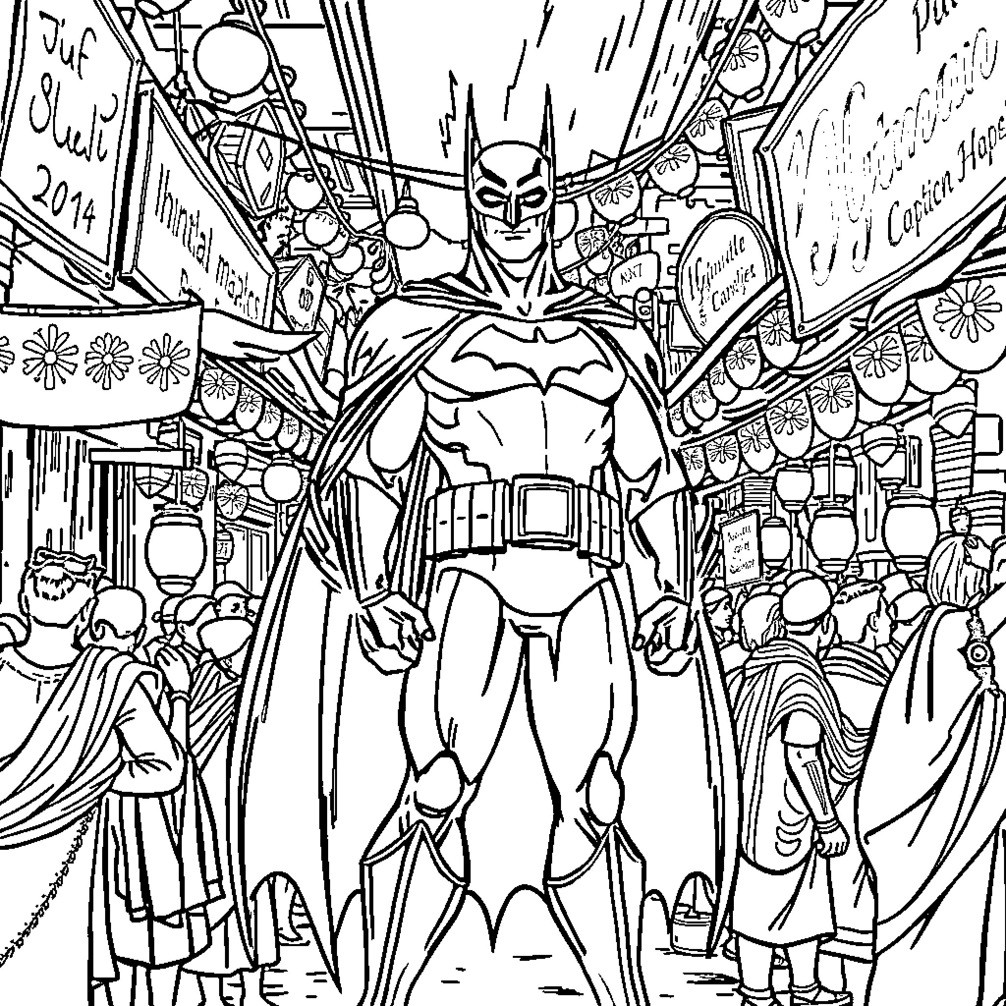 Batman in a Busy City Street Coloring Page (free black-and-white line drawing printable PDF for all, from beginners to advanced learners, including children, teens, adults, and seniors)