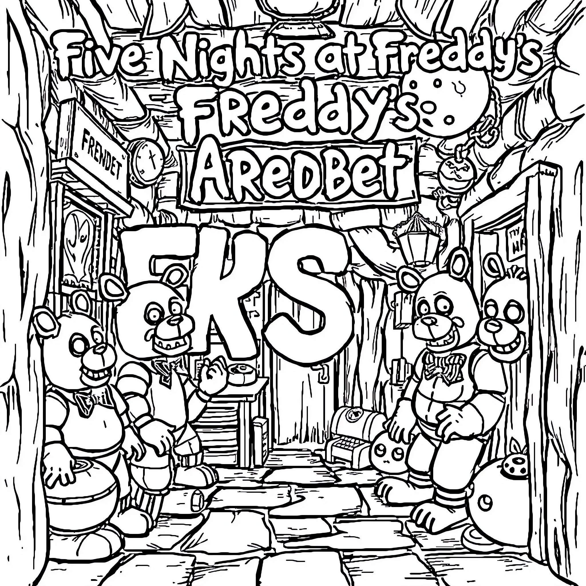 Five Nights at Freddy's: Freddy's Aredbelt Coloring Page (free black-and-white line drawing printable PDF for all, from beginners to advanced learners, including children, teens, adults, and seniors)