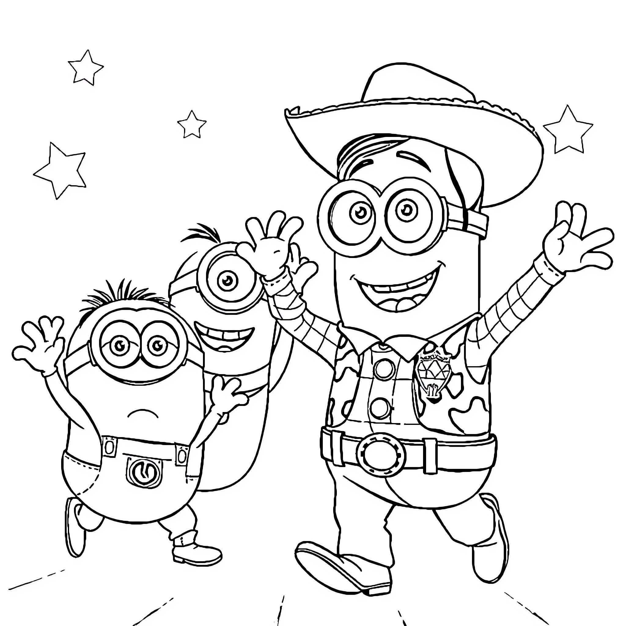 Minions celebrating with happy expressions and outfits Coloring Page (free black-and-white line drawing printable PDF for all, from beginners to advanced learners, including children, teens, adults, and seniors)