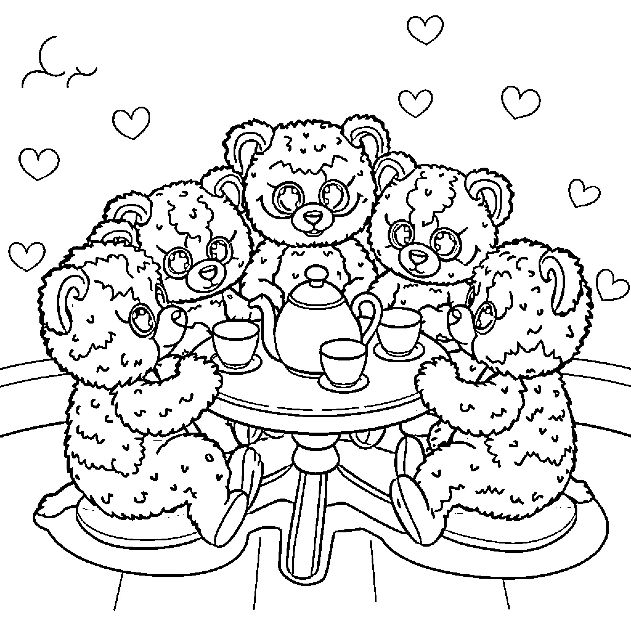 Beanie Boos enjoying a cozy tea party Coloring Page (free black-and-white line drawing printable PDF for all, from beginners to advanced learners, including children, teens, adults, and seniors)