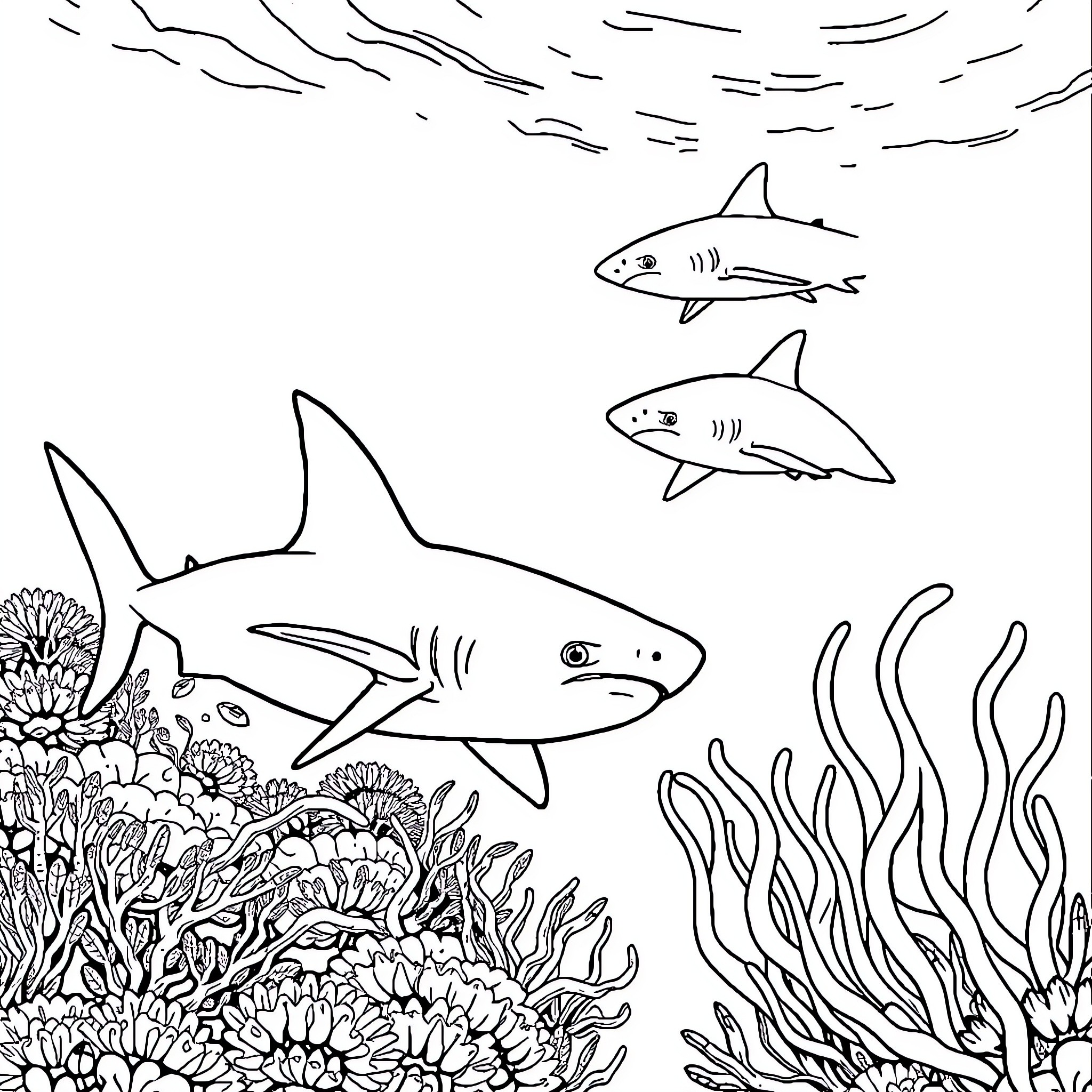 Shark swimming among coral reefs Coloring Page (free black-and-white line drawing printable PDF for all, from beginners to advanced learners, including children, teens, adults, and seniors)