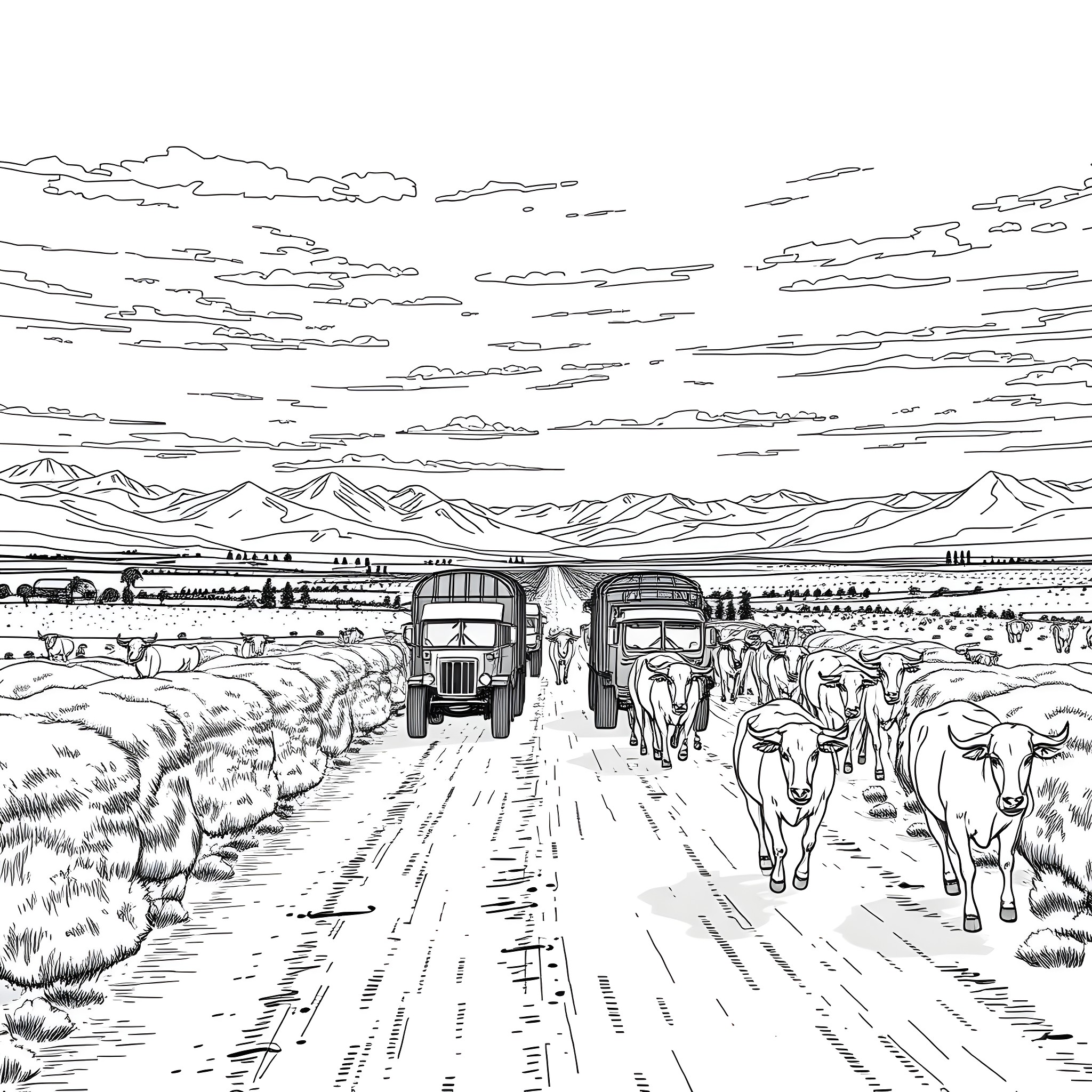 Cattle herd crossing the dusty road in the countryside Coloring Page (free black-and-white line drawing printable PDF for all, from beginners to advanced learners, including children, teens, adults, and seniors)