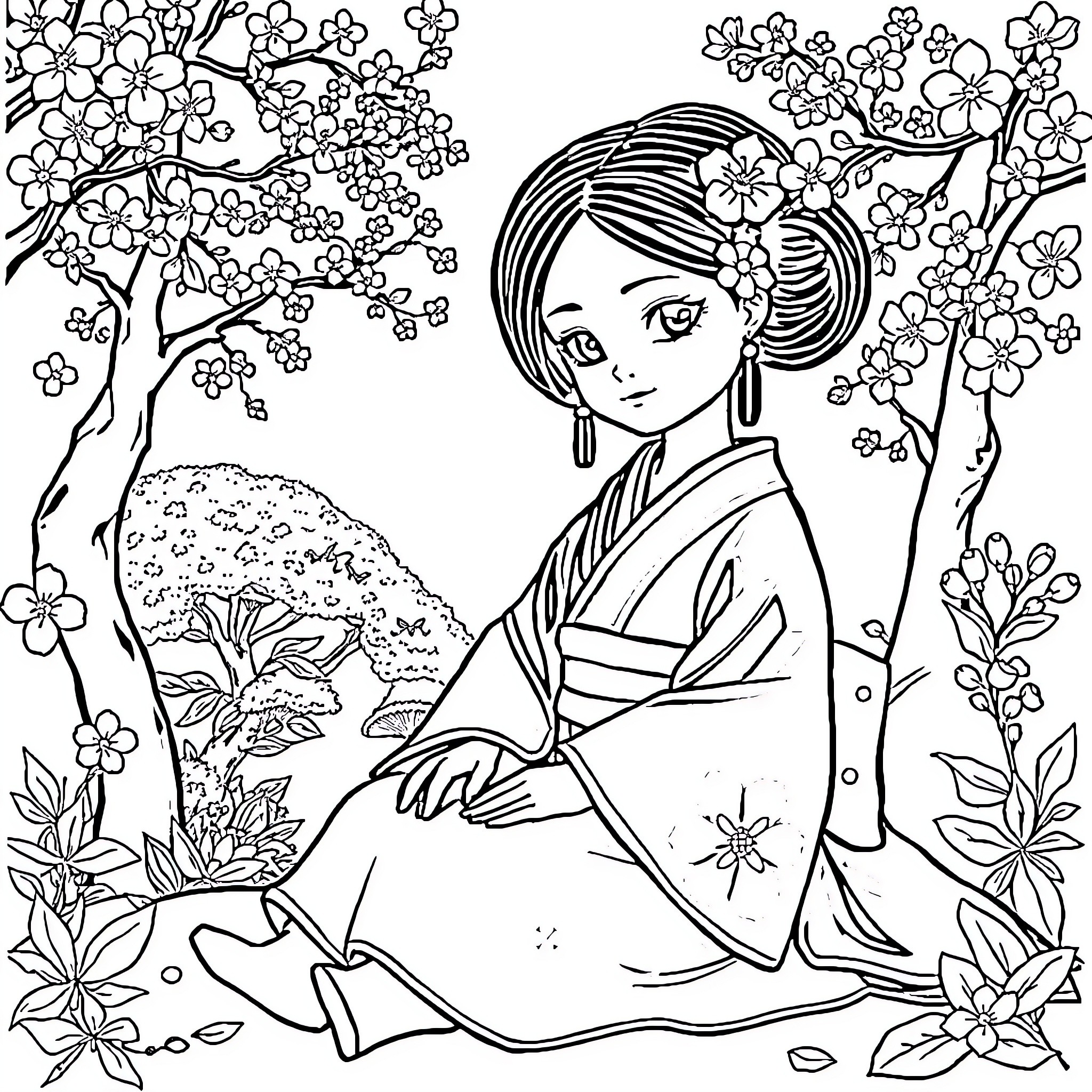 Doll in kimono amid blossoming flowers Coloring Page (free black-and-white line drawing printable PDF for all, from beginners to advanced learners, including children, teens, adults, and seniors)