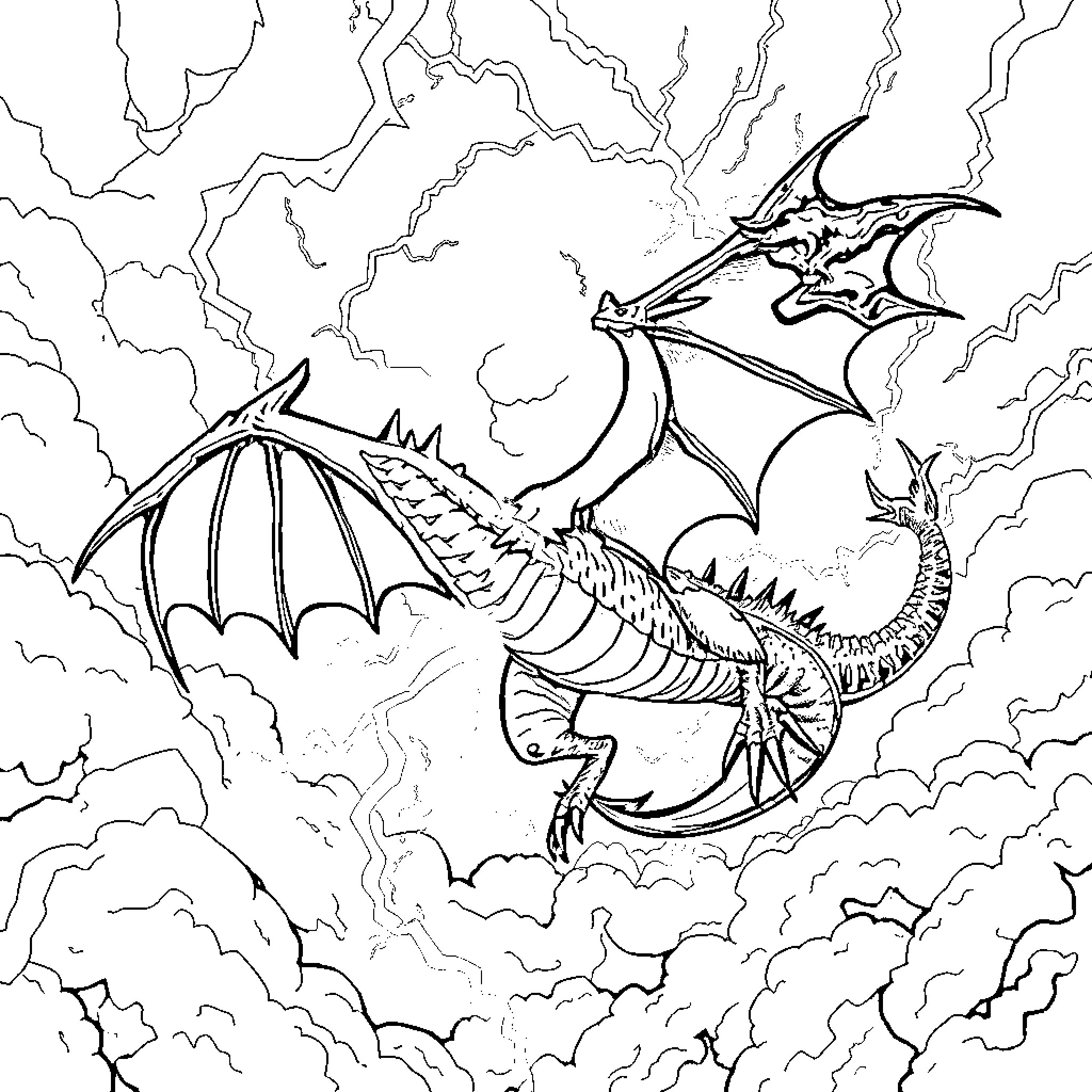 Dragons soaring through stormy skies Coloring Page (free black-and-white line drawing printable PDF for all, from beginners to advanced learners, including children, teens, adults, and seniors)