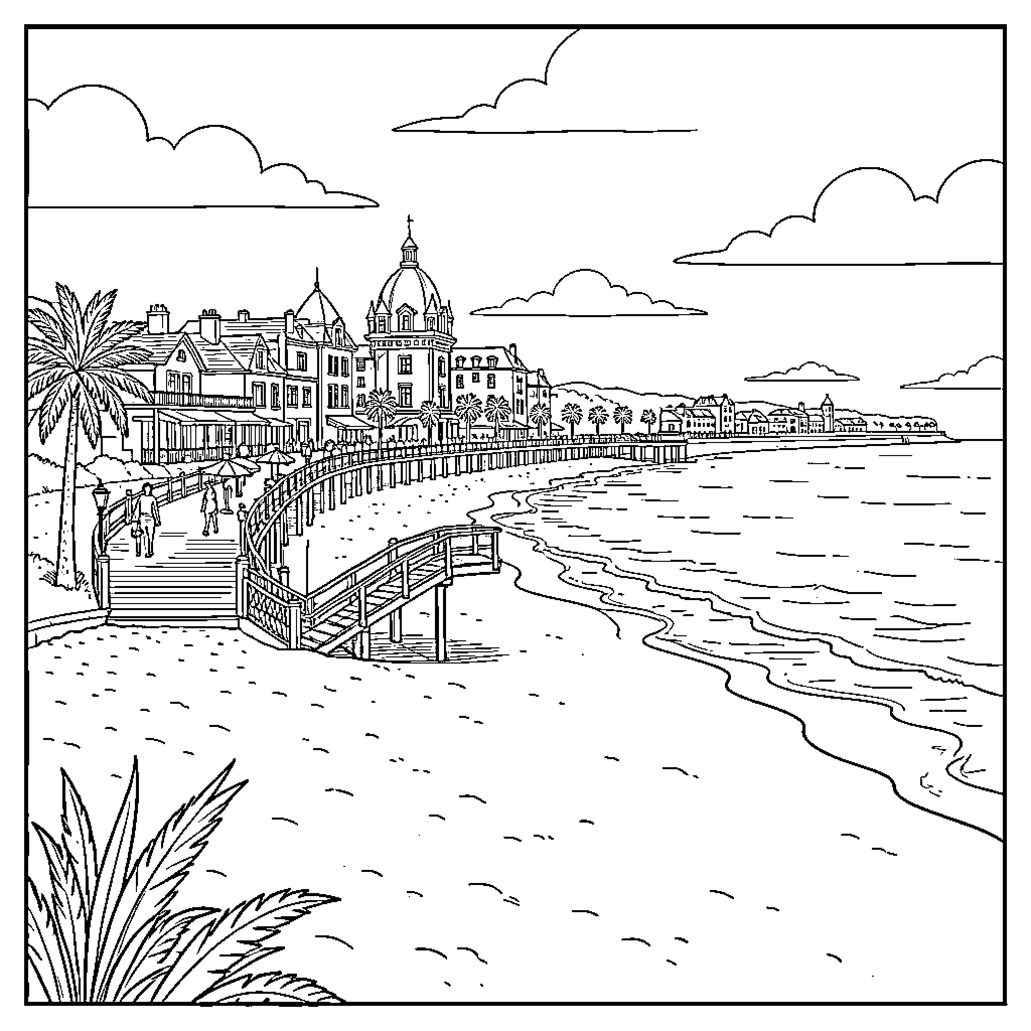Deauville coastal scene with seaside promenade and beach Coloring Page (free black-and-white line drawing printable PDF for all, from beginners to advanced learners, including children, teens, adults, and seniors)