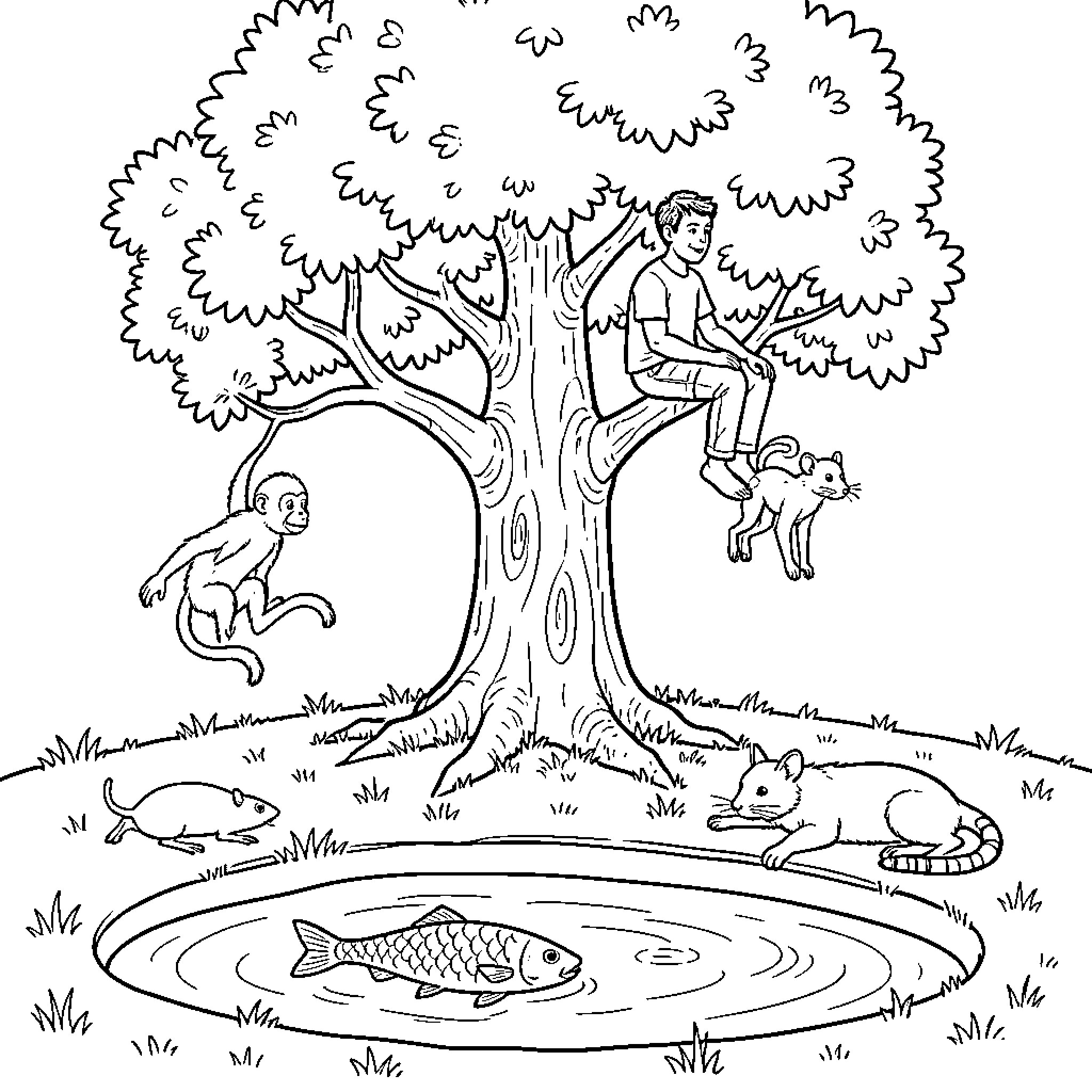 Tree with a boy, monkey, and animals Coloring Page (free black-and-white line drawing printable PDF for all, from beginners to advanced learners, including children, teens, adults, and seniors)