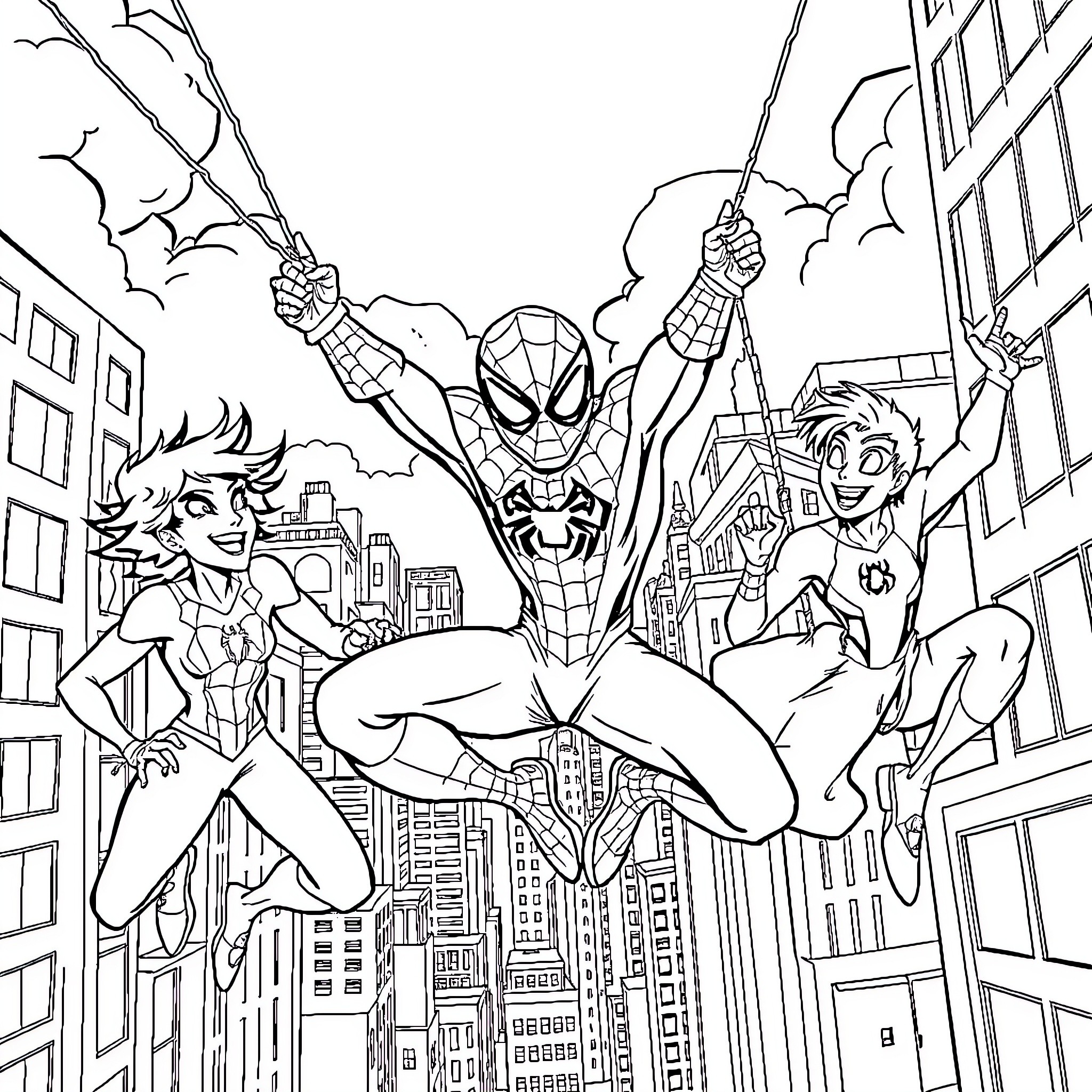 Spider-heroes swinging through the city Coloring Page (free black-and-white line drawing printable PDF for all, from beginners to advanced learners, including children, teens, adults, and seniors)