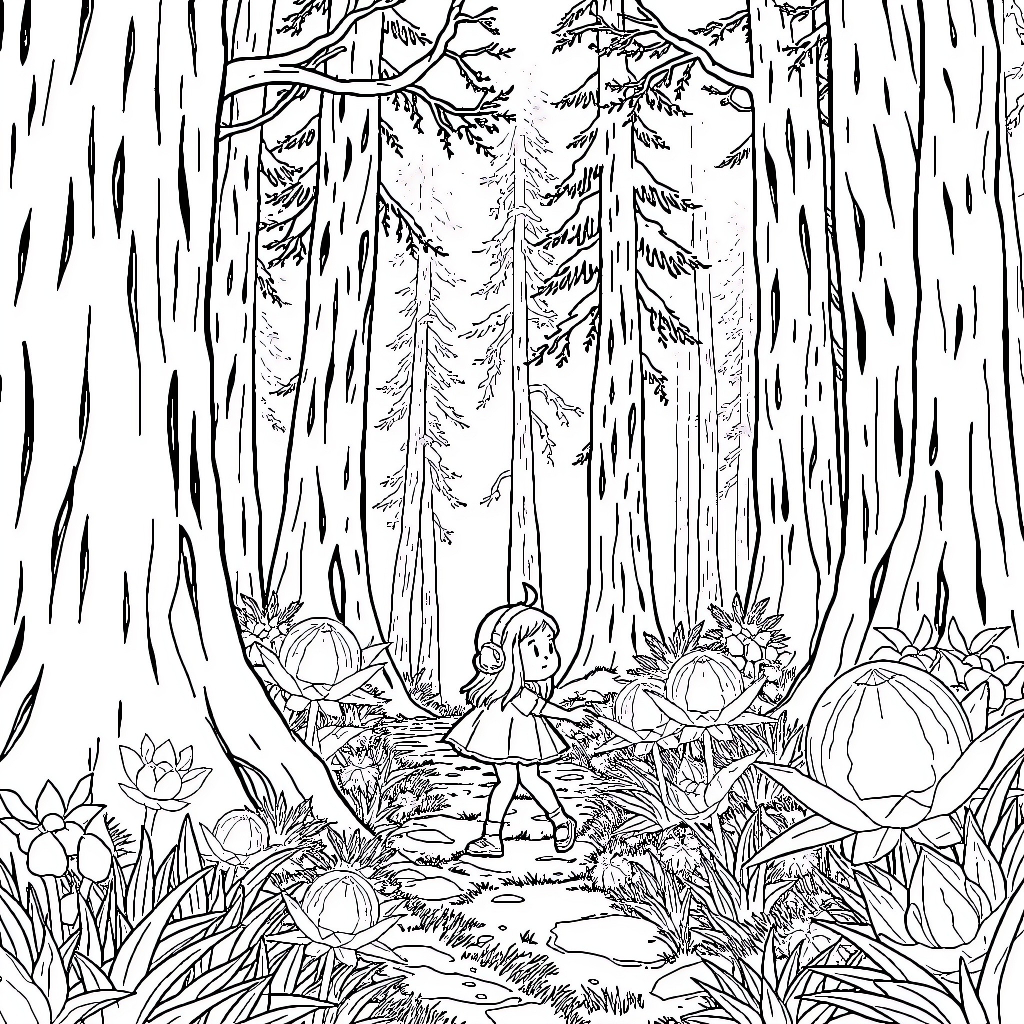 Sophie's Enchanted Forest Adventure Coloring Page (free black-and-white line drawing printable PDF for all, from beginners to advanced learners, including children, teens, adults, and seniors)