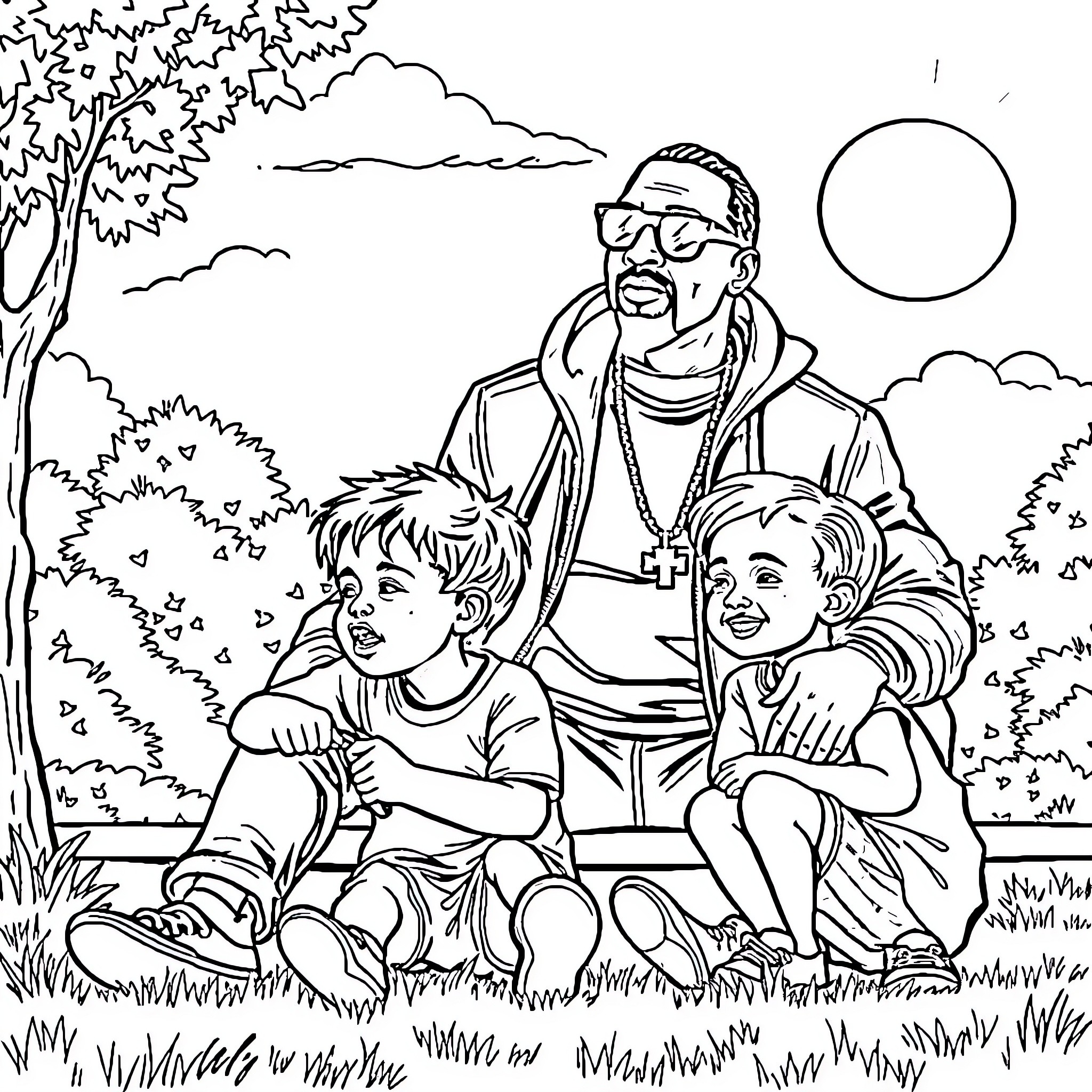 P Diddy spending quality time with children in the park Coloring Page (free black-and-white line drawing printable PDF for all, from beginners to advanced learners, including children, teens, adults, and seniors)