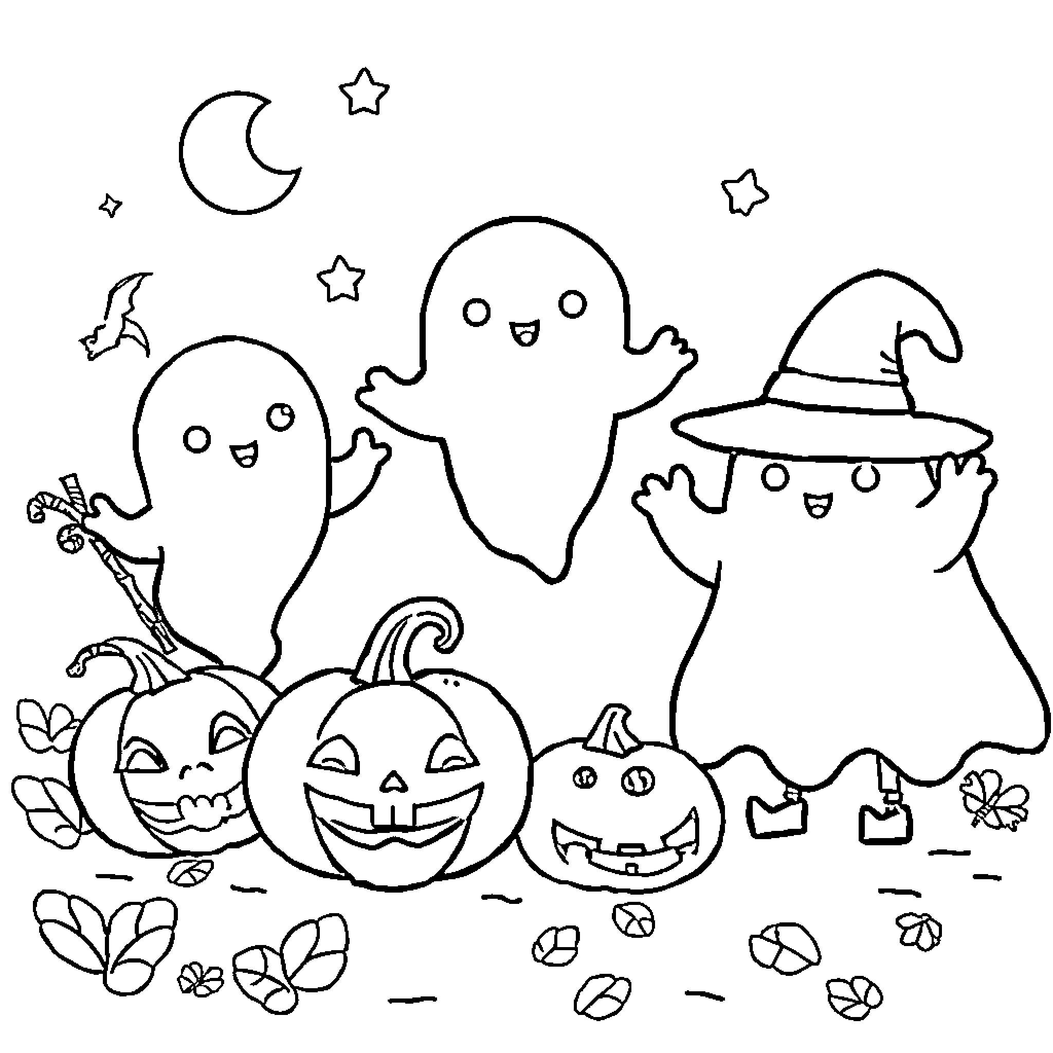 Halloween Ghosts, Pumpkins, and Witch Hats Coloring Page (free black-and-white line drawing printable PDF for all, from beginners to advanced learners, including children, teens, adults, and seniors)