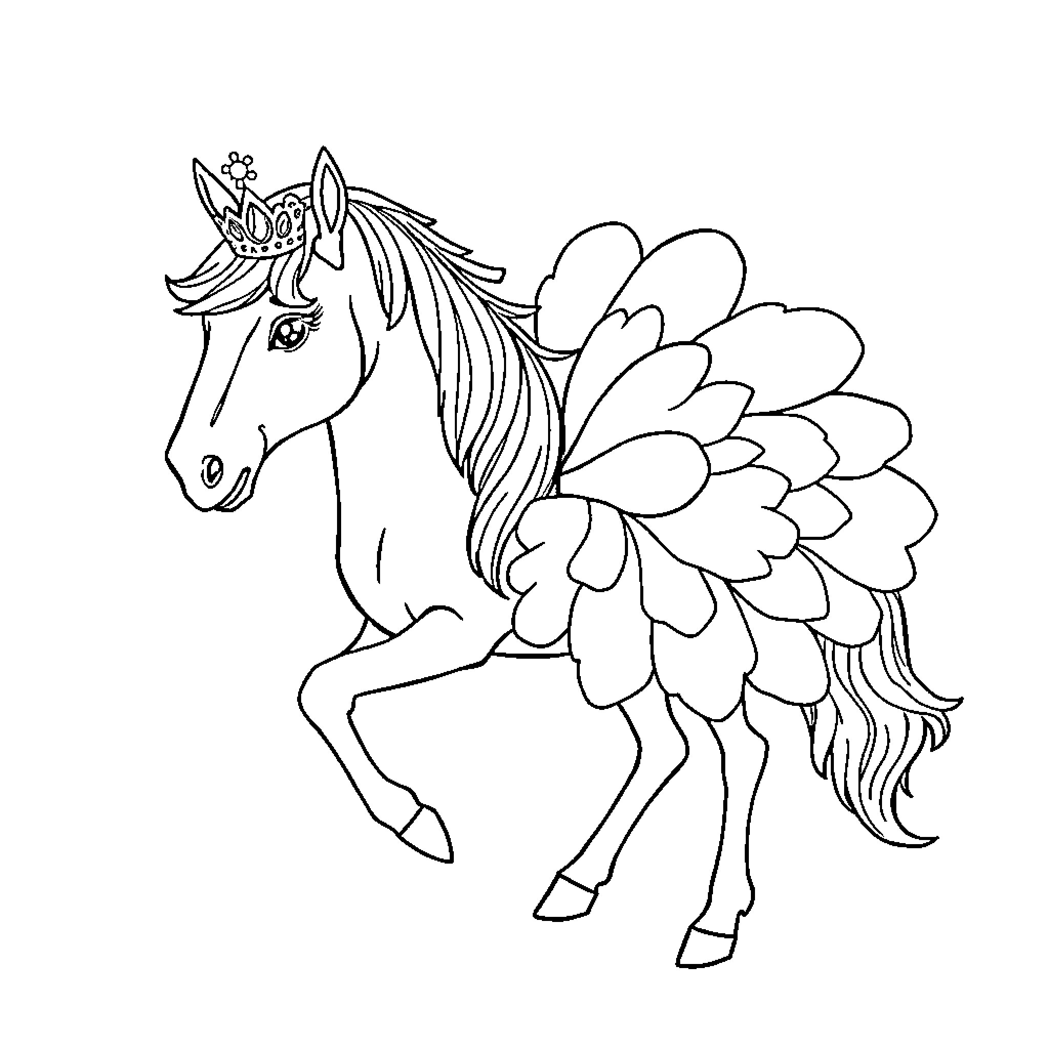 Horse with Whimsical Feathered Appearance Coloring Page (free black-and-white line drawing printable PDF for all, from beginners to advanced learners, including children, teens, adults, and seniors)