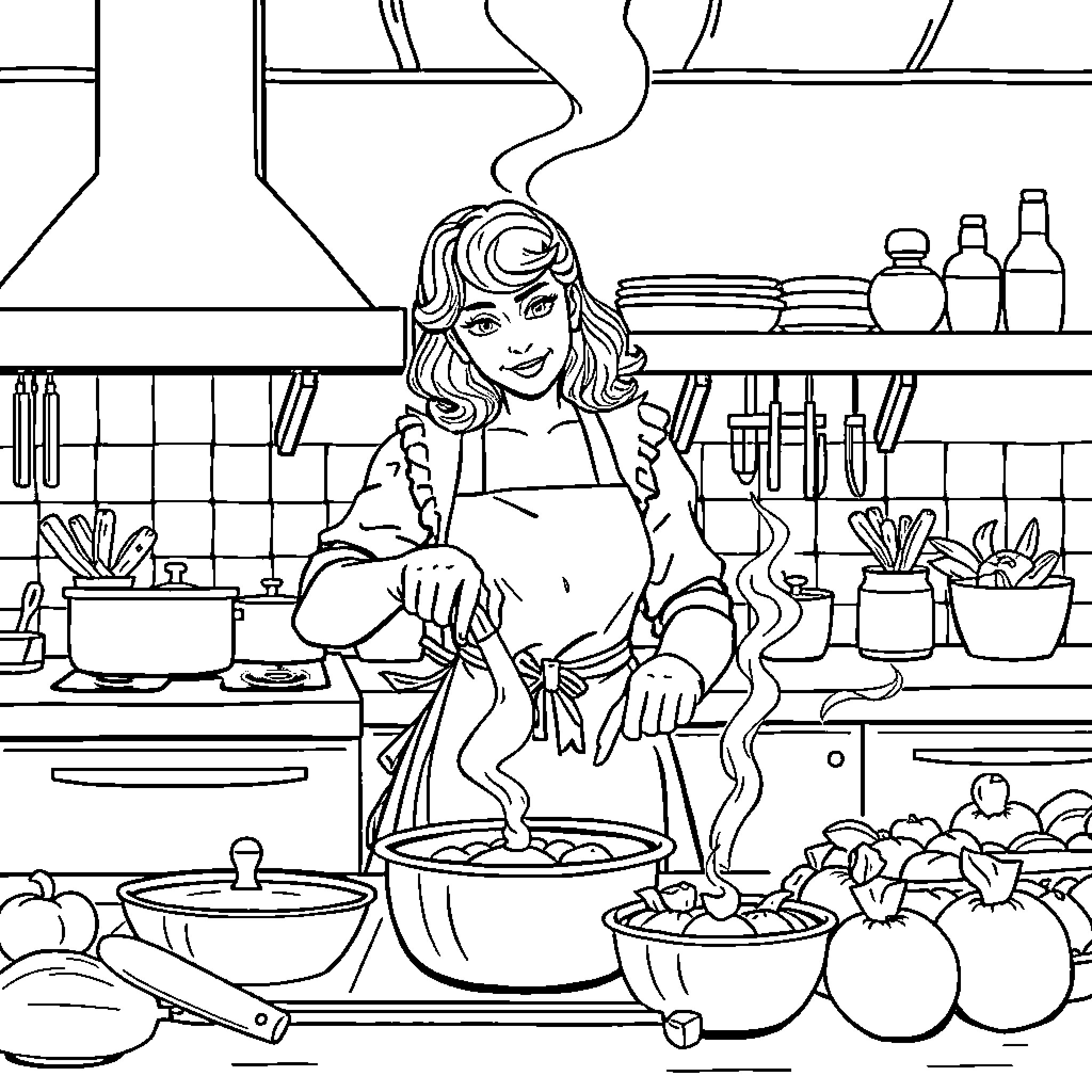 Rider prepares a delicious meal in the kitchen Coloring Page (free black-and-white line drawing printable PDF for all, from beginners to advanced learners, including children, teens, adults, and seniors)