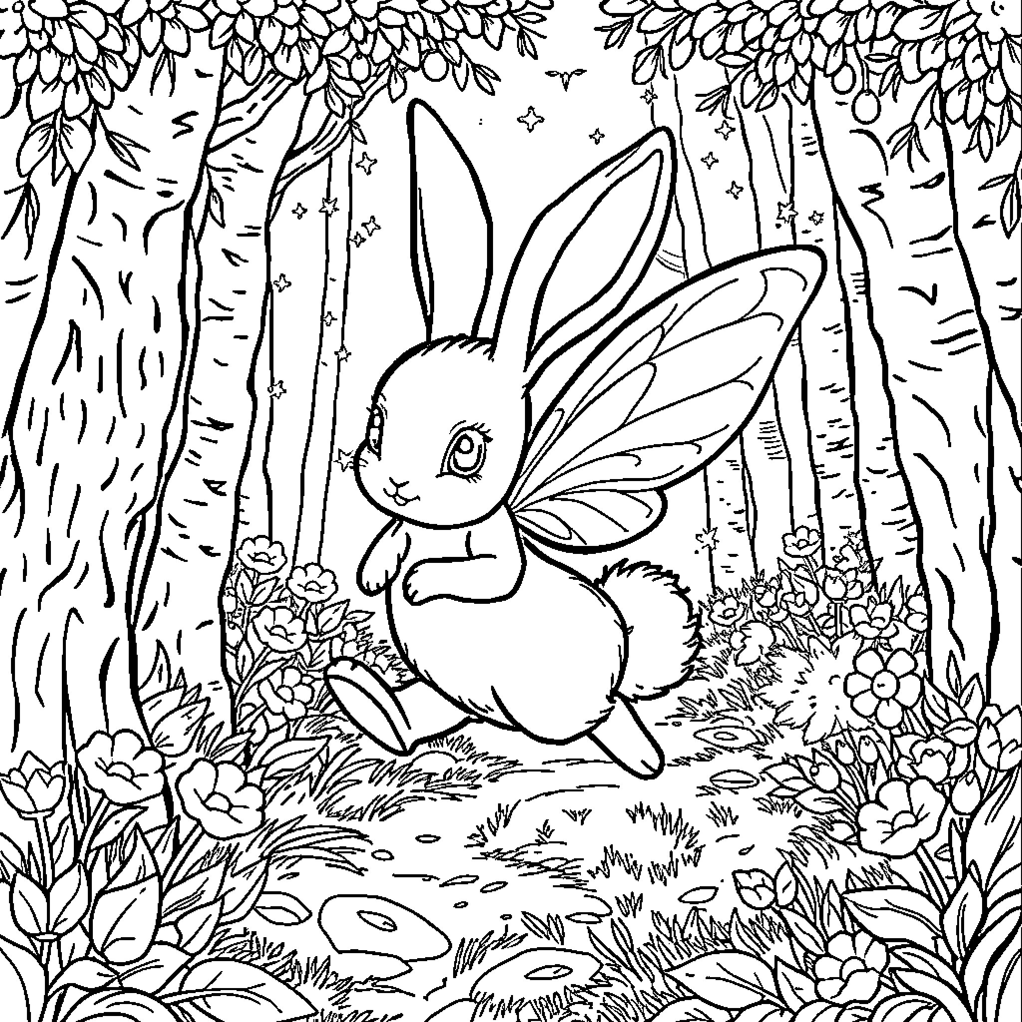 Bunny with fairy wings in enchanted forest Coloring Page (free black-and-white line drawing printable PDF for all, from beginners to advanced learners, including children, teens, adults, and seniors)