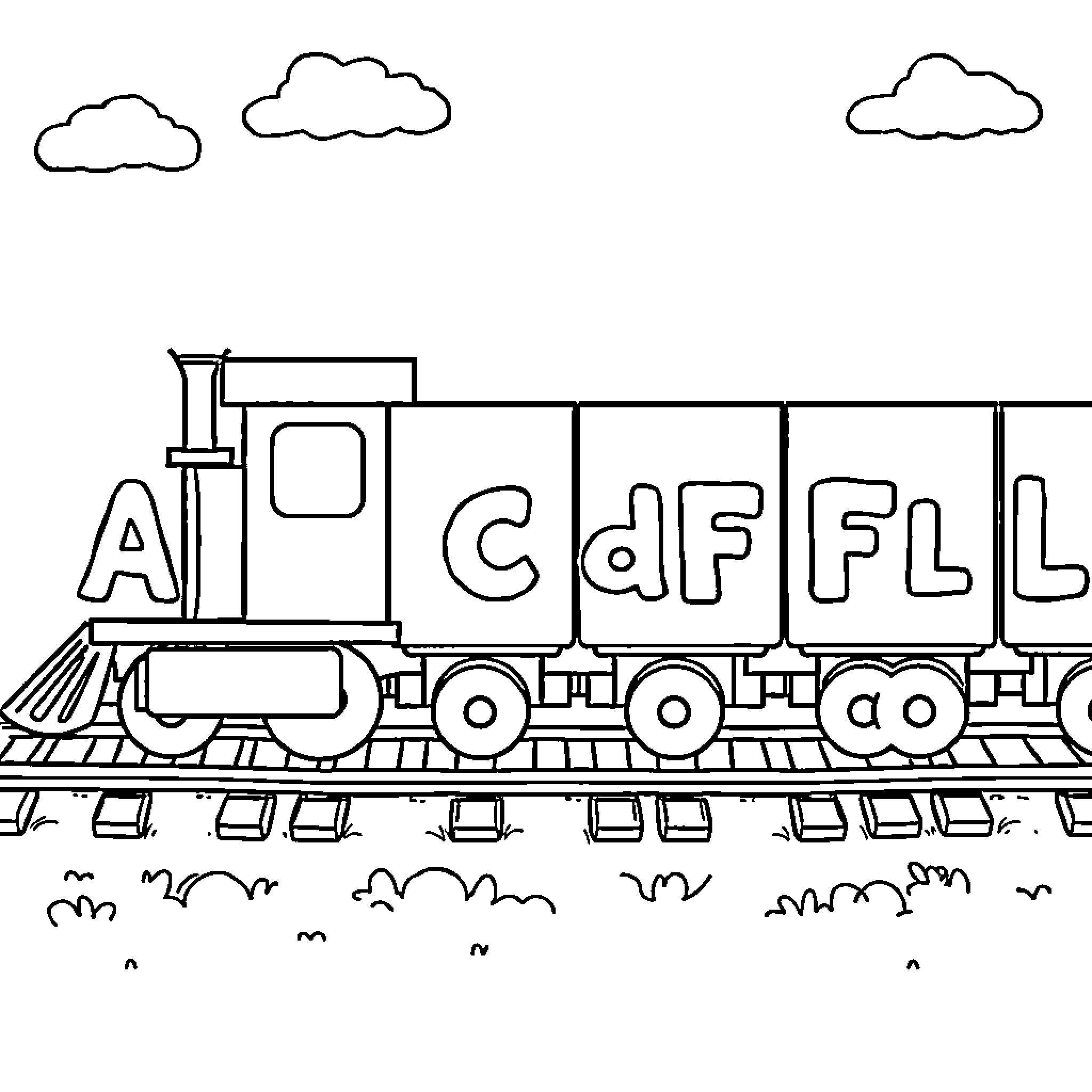 Train carrying colorful letters on the tracks Coloring Page (free black-and-white line drawing printable PDF for all, from beginners to advanced learners, including children, teens, adults, and seniors)