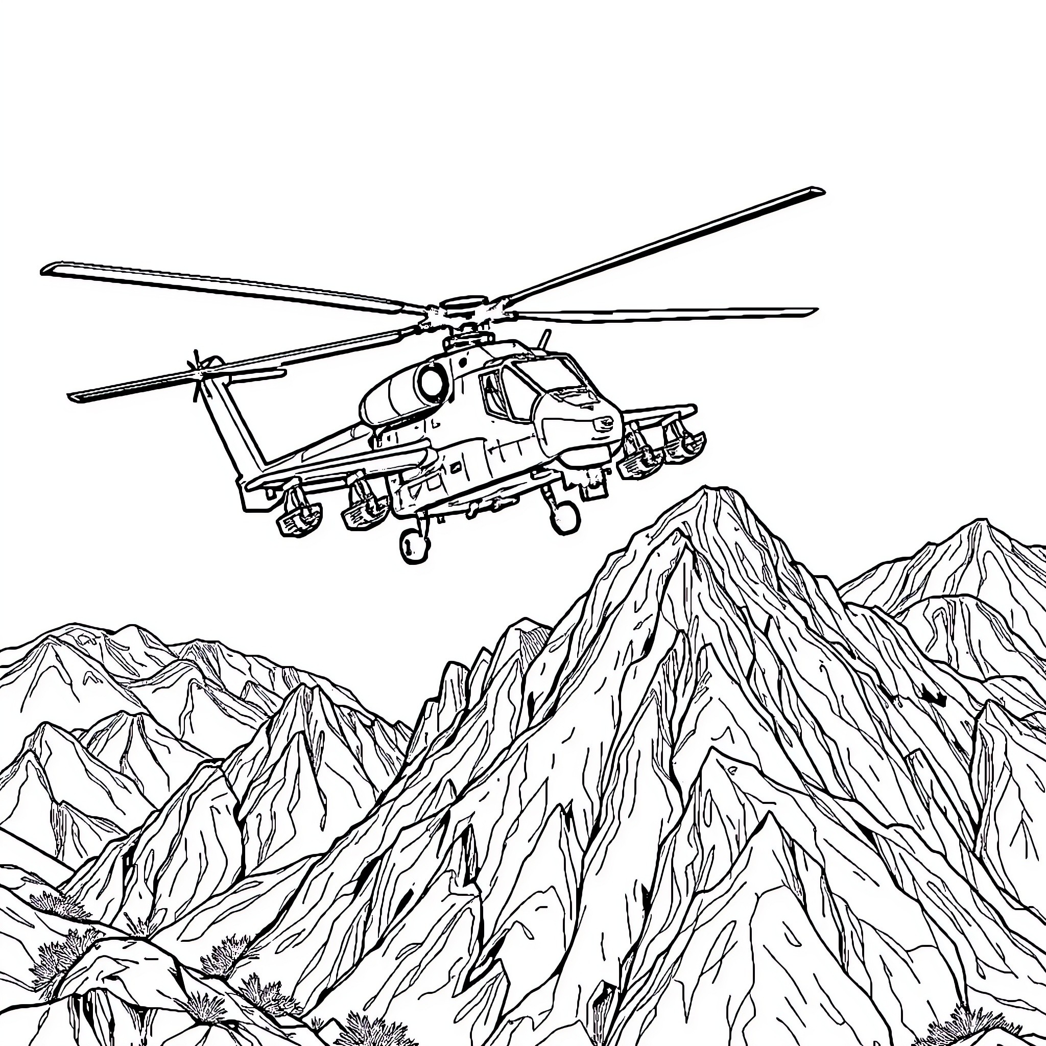 Apache helicopter soaring over rugged mountain terrain Coloring Page (free black-and-white line drawing printable PDF for all, from beginners to advanced learners, including children, teens, adults, and seniors)