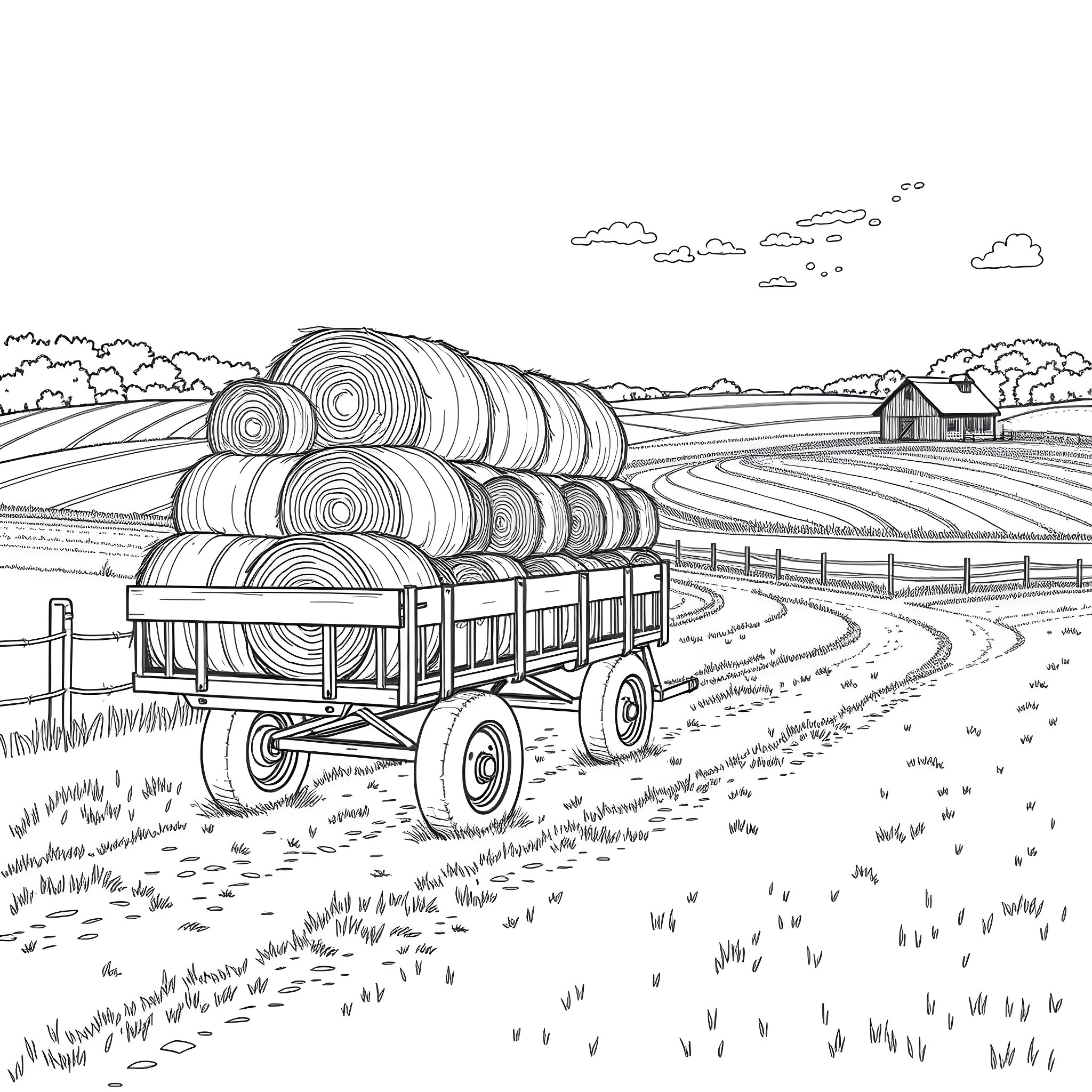 Hay Trailer with Bales on a Farm Coloring Page (free black-and-white line drawing printable PDF for all, from beginners to advanced learners, including children, teens, adults, and seniors)
