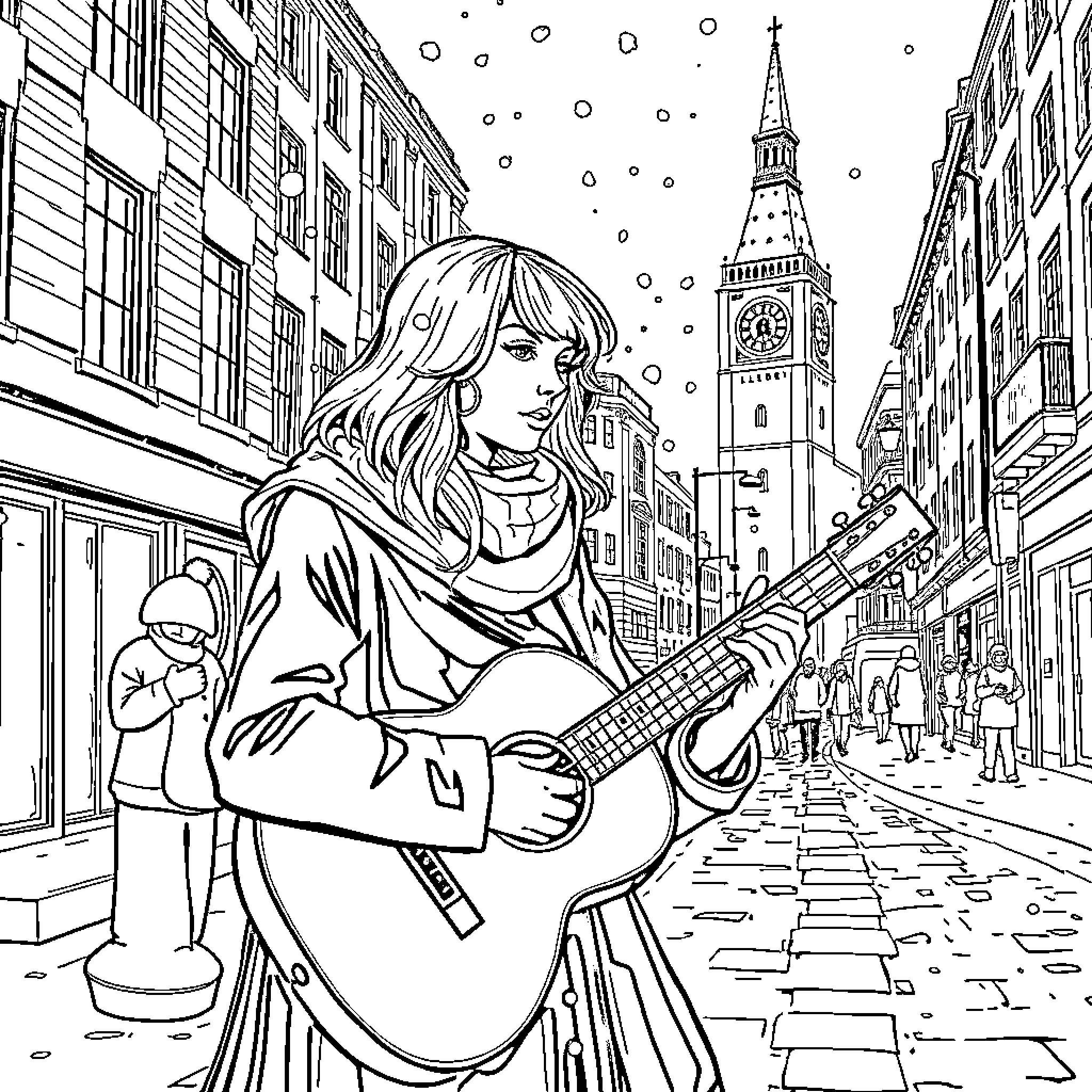 Taylor Swift performing on a snowy street in London Coloring Page (free black-and-white line drawing printable PDF for all, from beginners to advanced learners, including children, teens, adults, and seniors)