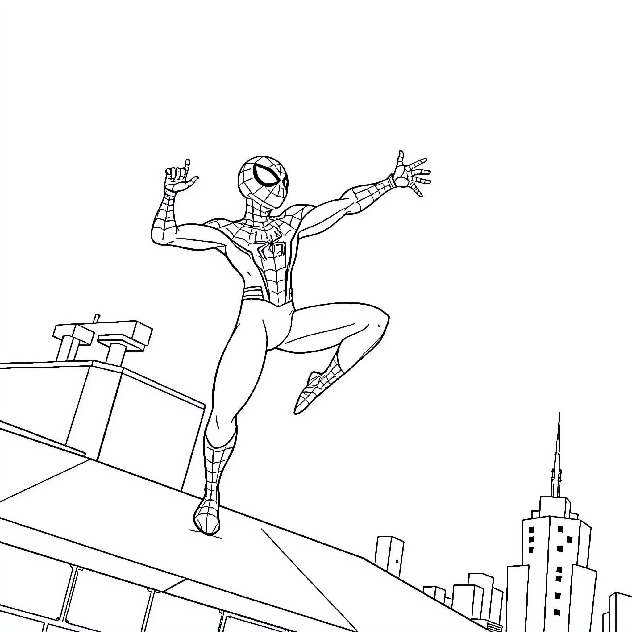 Spiderman swinging through the city skyline Coloring Page (free black-and-white line drawing printable PDF for all, from beginners to advanced learners, including children, teens, adults, and seniors)