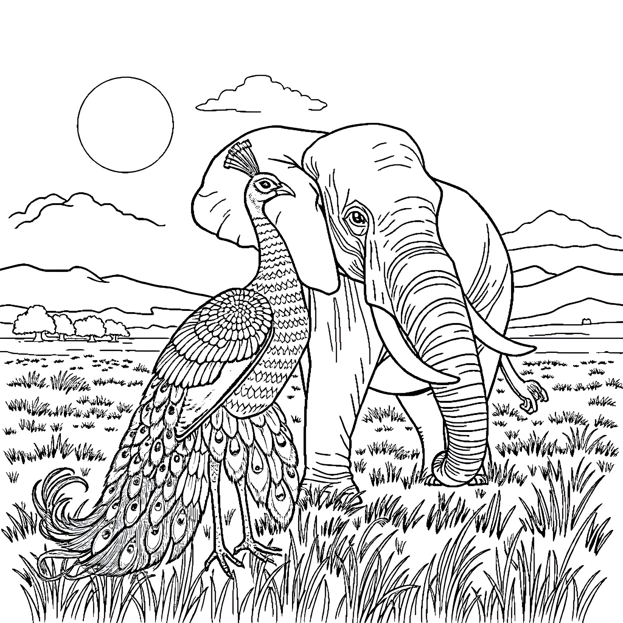 Peacock and Elephant in a Scenic Landscape Coloring Page (free black-and-white line drawing printable PDF for all, from beginners to advanced learners, including children, teens, adults, and seniors)