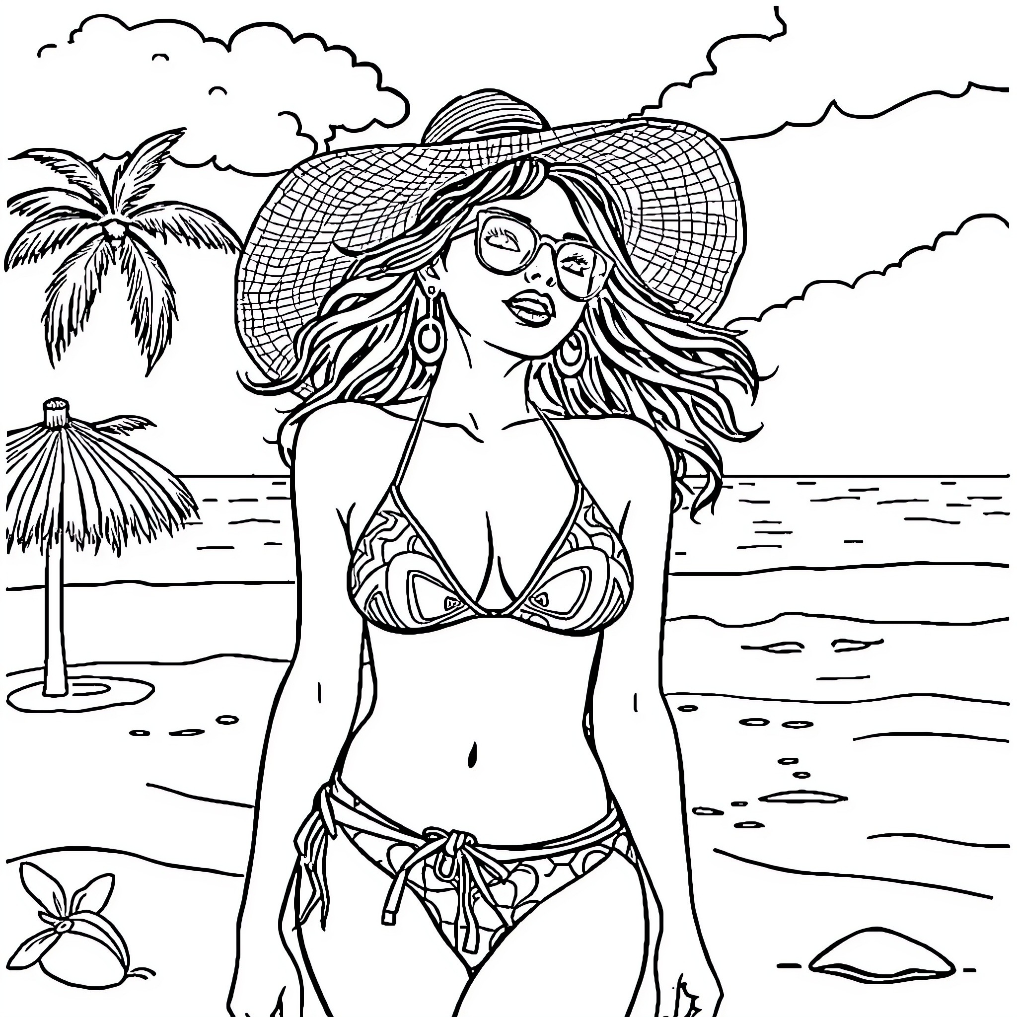 Woman in swimwear enjoying a beach scene Coloring Page (free black-and-white line drawing printable PDF for all, from beginners to advanced learners, including children, teens, adults, and seniors)