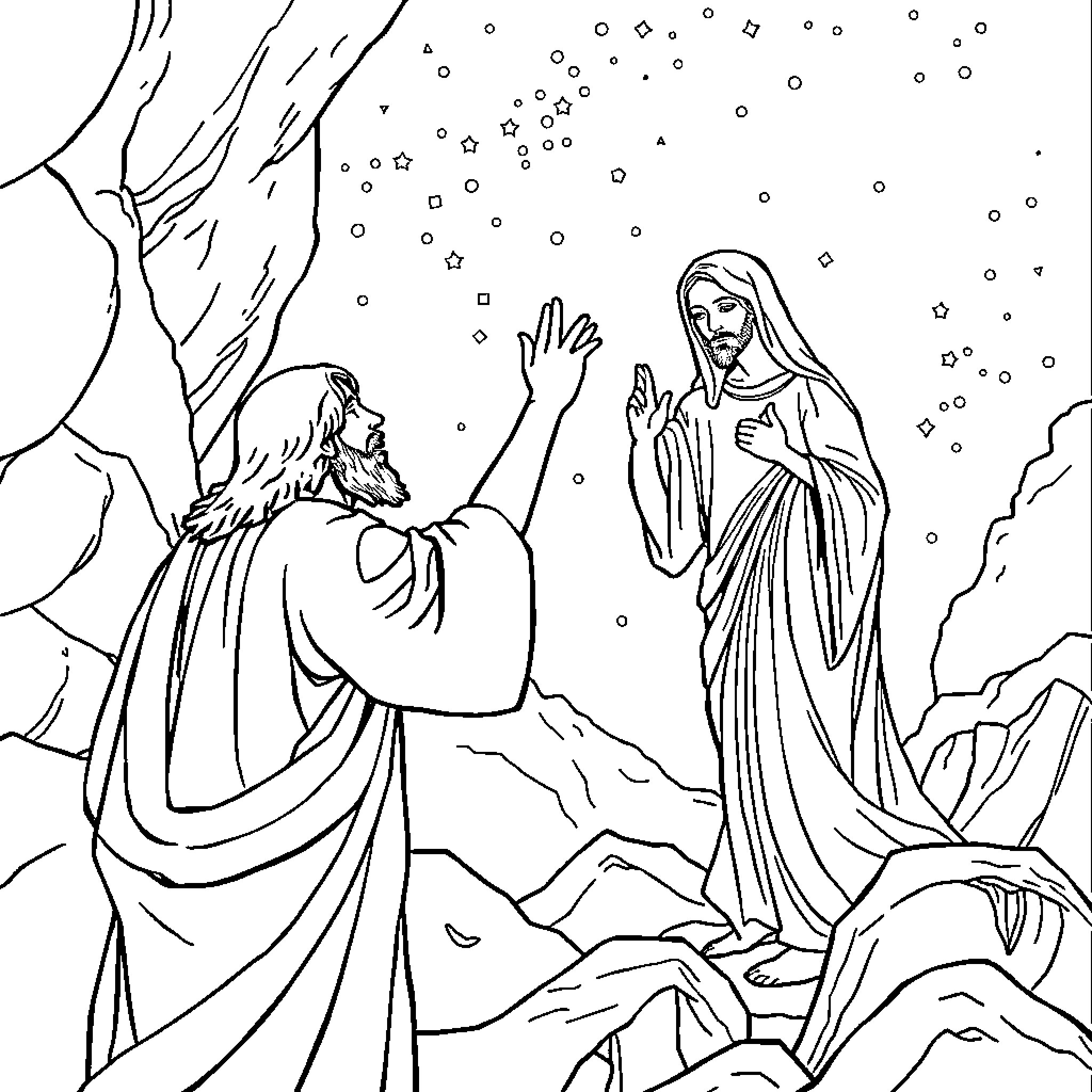 Gesus appears to the disciples in the mountains Coloring Page (free black-and-white line drawing printable PDF for all, from beginners to advanced learners, including children, teens, adults, and seniors)