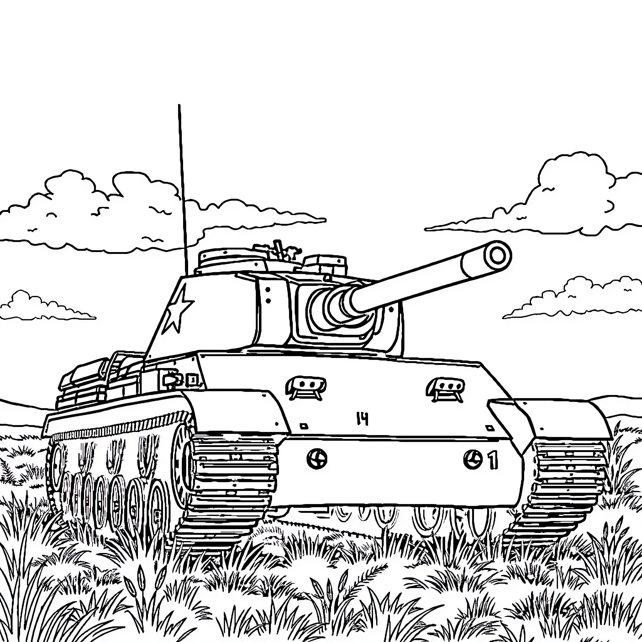 Tank traversing grassy battlefield with clouds Coloring Page (free black-and-white line drawing printable PDF for all, from beginners to advanced learners, including children, teens, adults, and seniors)