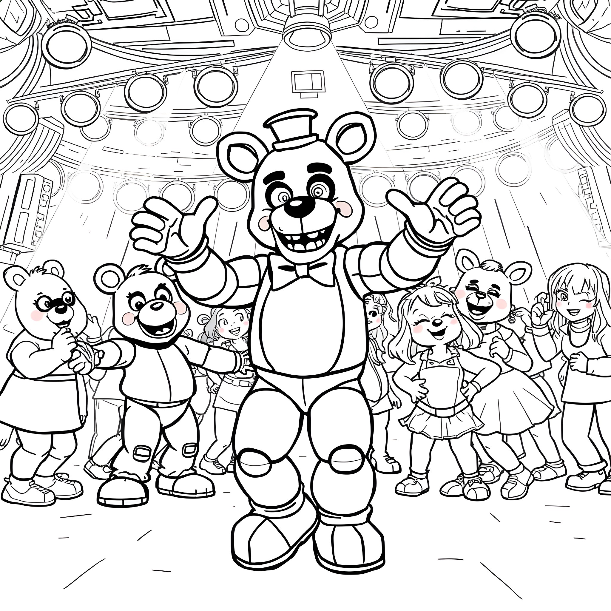 Freddy's Exciting Stage Performance with Friends Coloring Page (free black-and-white line drawing printable PDF for all, from beginners to advanced learners, including children, teens, adults, and seniors)