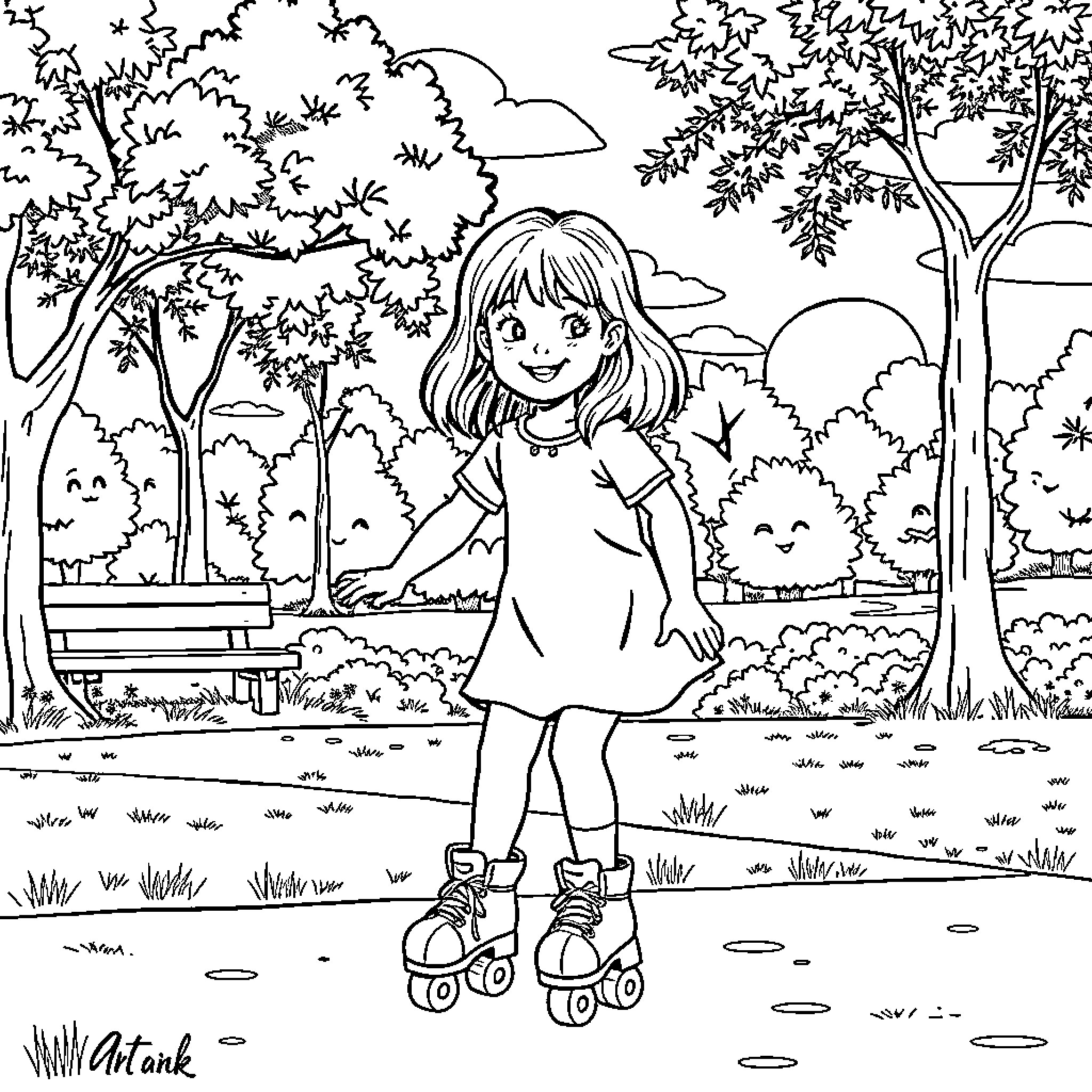 Girl on roller skates in a park Coloring Page (free black-and-white line drawing printable PDF for all, from beginners to advanced learners, including children, teens, adults, and seniors)