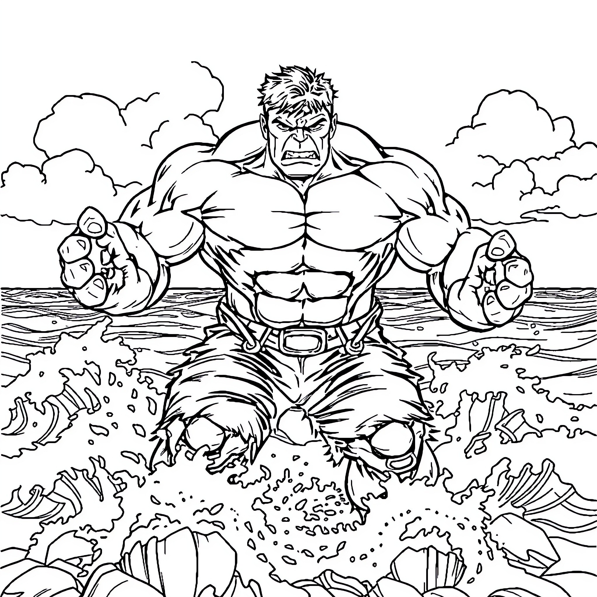 Hulk Smashing Through Waves in Dramatic Pose Coloring Page (free black-and-white line drawing printable PDF for all, from beginners to advanced learners, including children, teens, adults, and seniors)