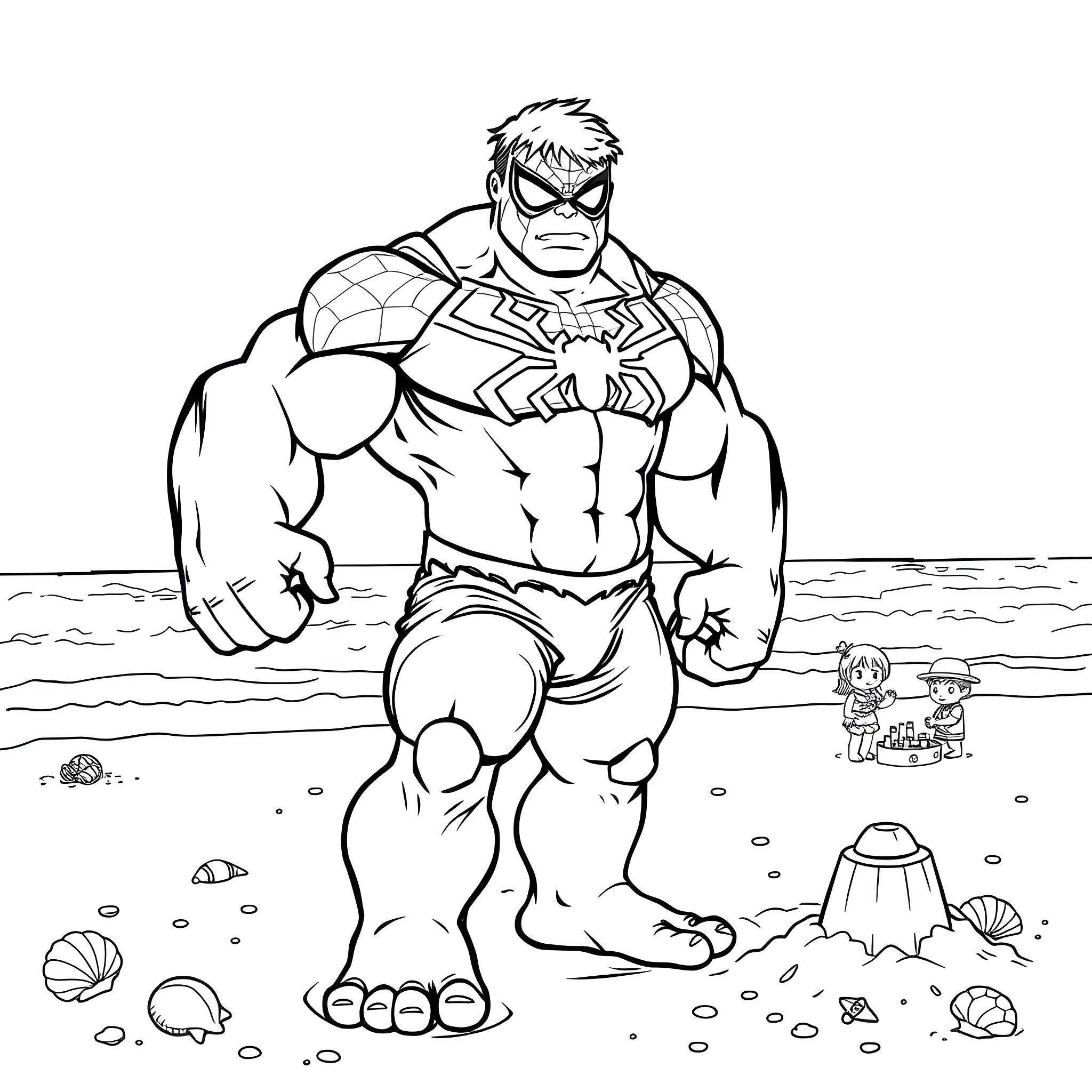 Hulk Protects Beachgoers from Danger Coloring Page (free black-and-white line drawing printable PDF for all, from beginners to advanced learners, including children, teens, adults, and seniors)