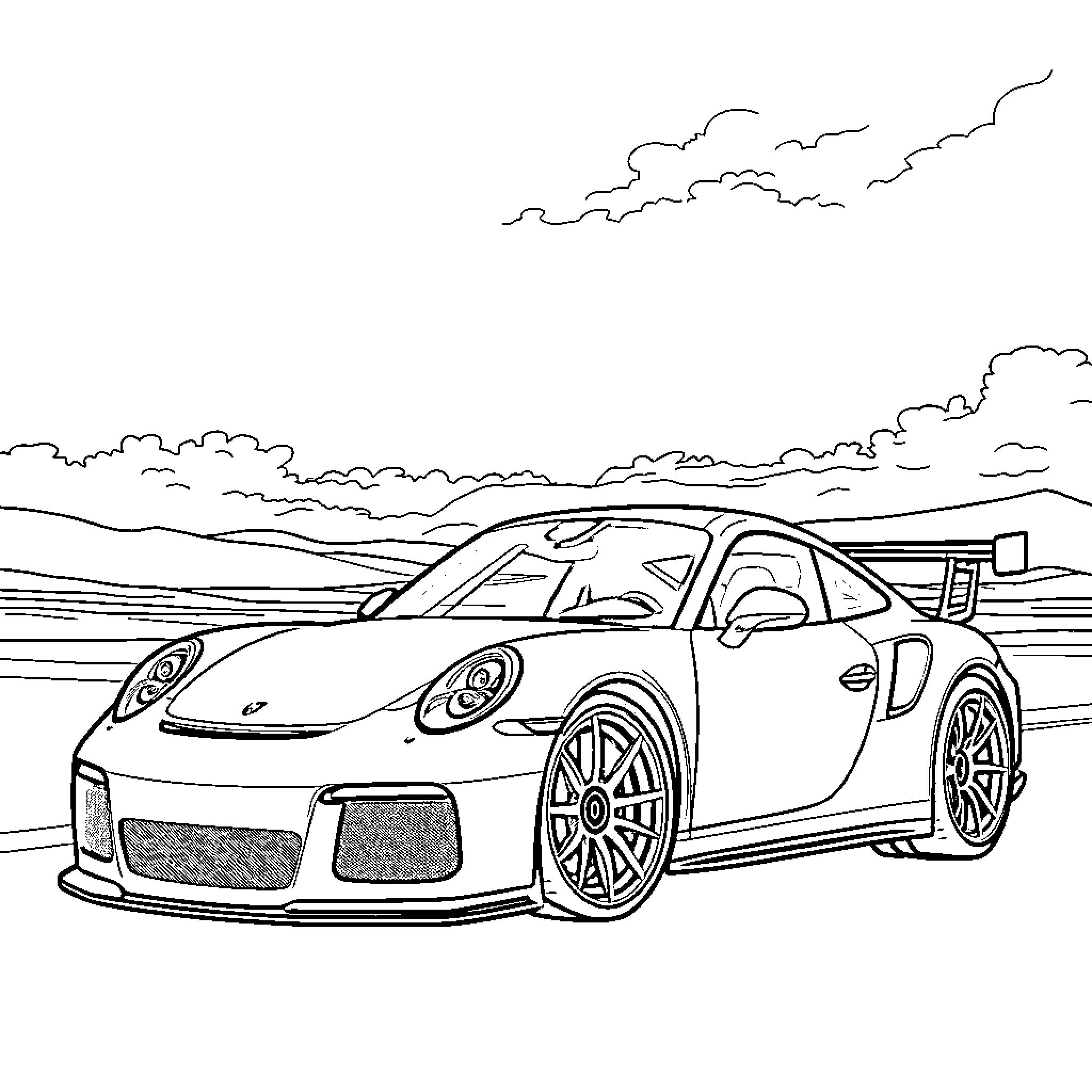 Porsche sports car on the road with clouds Coloring Page (free black-and-white line drawing printable PDF for all, from beginners to advanced learners, including children, teens, adults, and seniors)