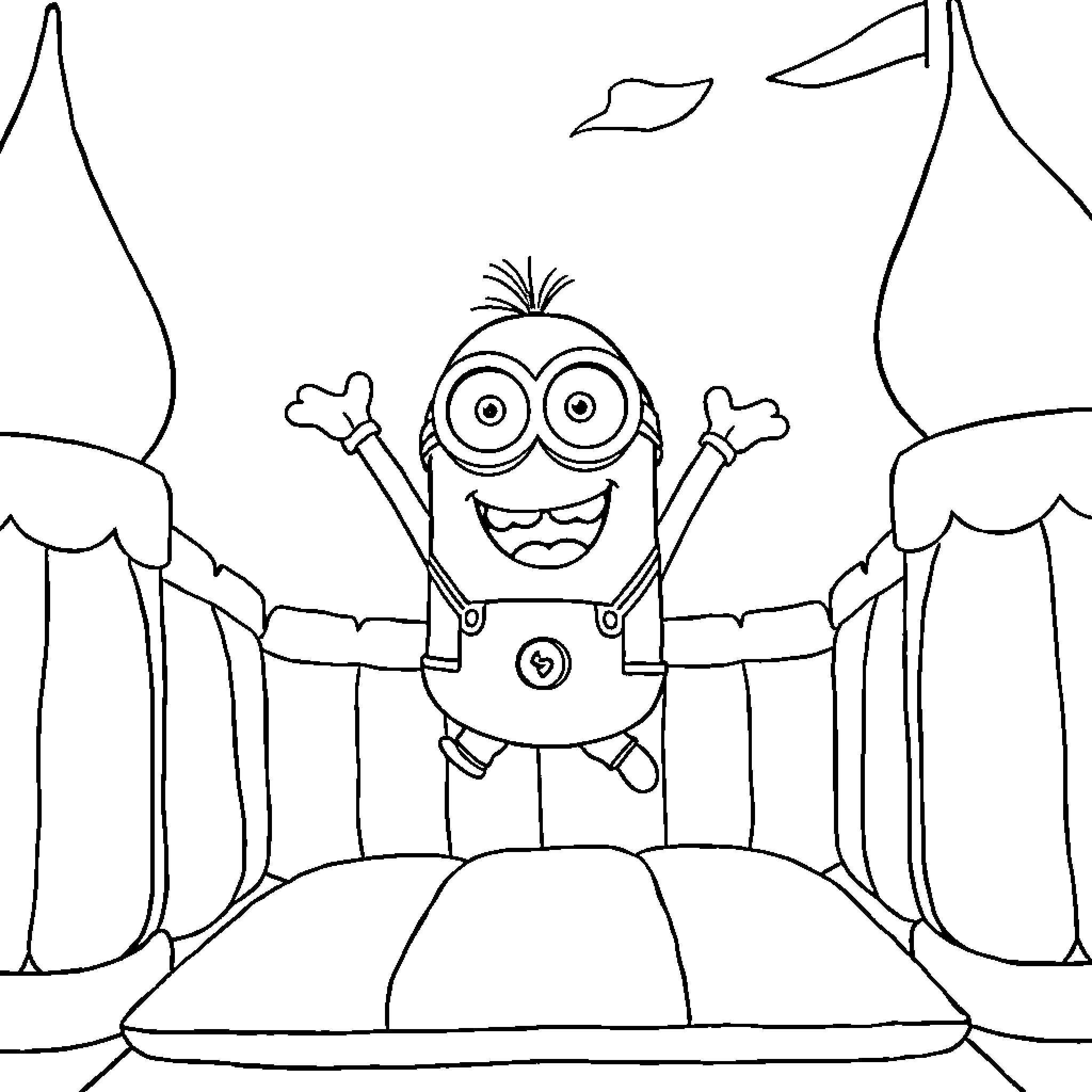 Minion celebrating joyfully in a circus tent Coloring Page (free black-and-white line drawing printable PDF for all, from beginners to advanced learners, including children, teens, adults, and seniors)