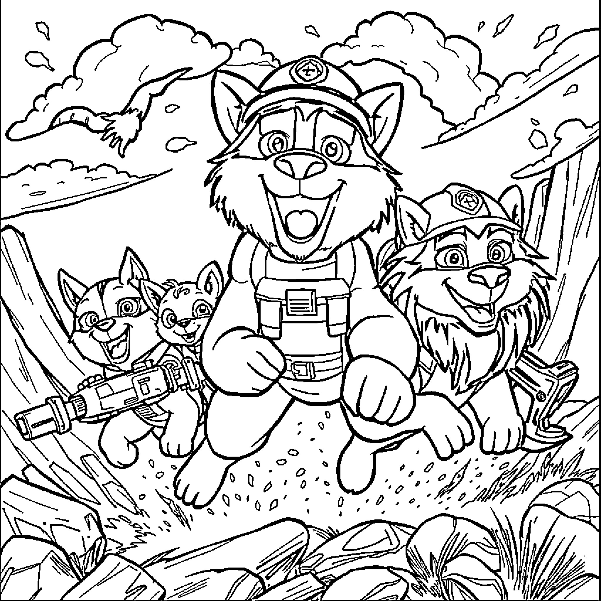 Paw Patrol Rescuers in Adventurous Outdoor Scene Coloring Page (free black-and-white line drawing printable PDF for all, from beginners to advanced learners, including children, teens, adults, and seniors)
