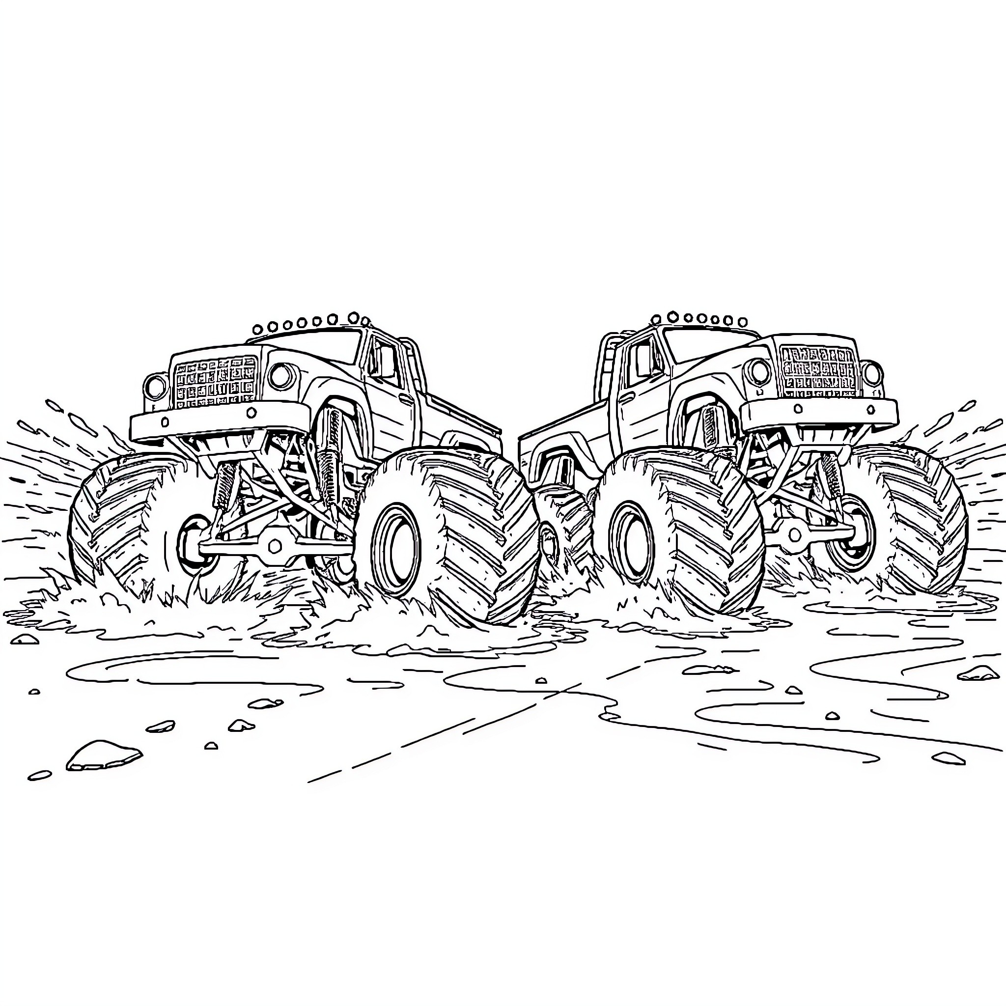 Monster Trucks Navigating Muddy Terrain Coloring Page (free black-and-white line drawing printable PDF for all, from beginners to advanced learners, including children, teens, adults, and seniors)