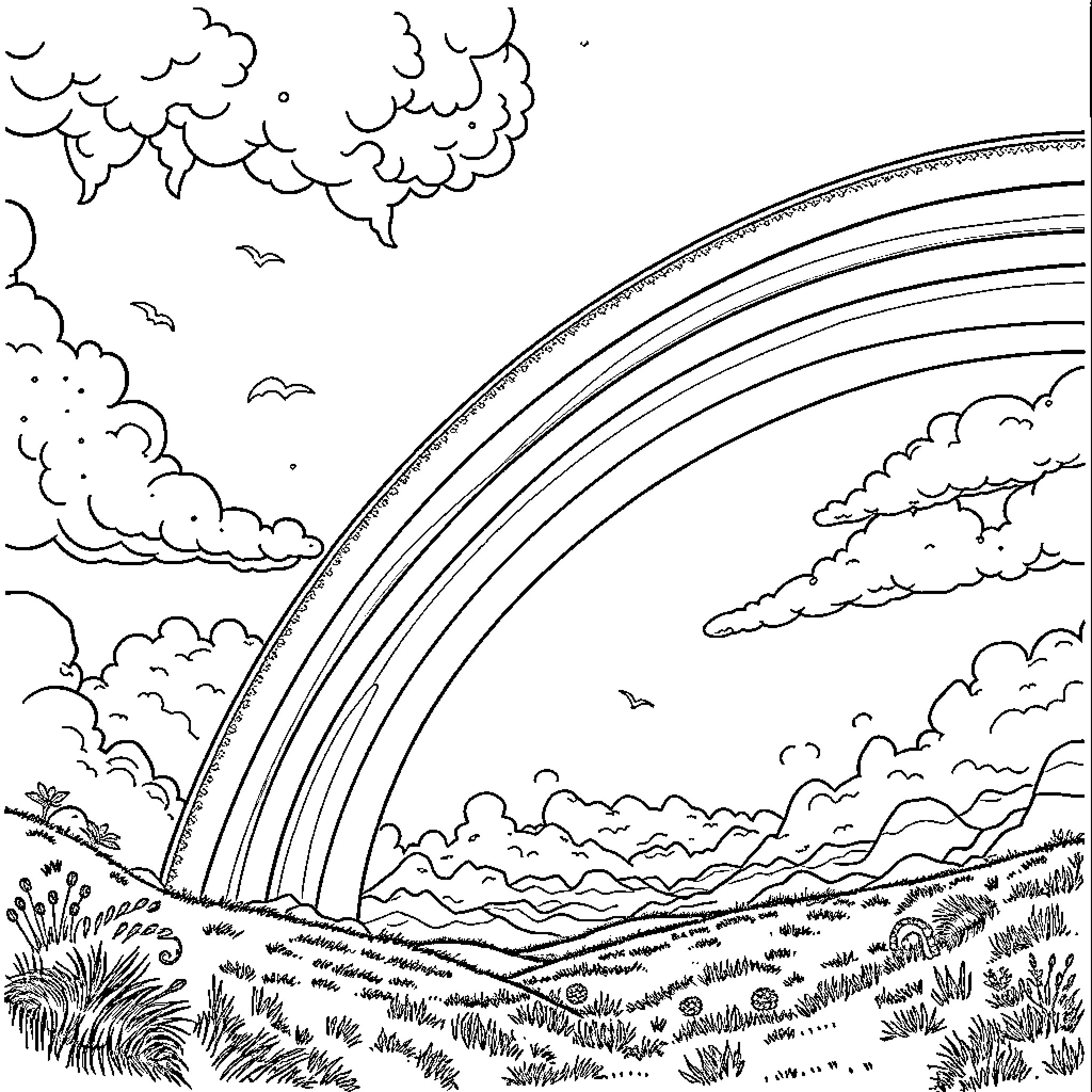 Rainbow Scenery with Clouds and Nature Coloring Page (free black-and-white line drawing printable PDF for all, from beginners to advanced learners, including children, teens, adults, and seniors)