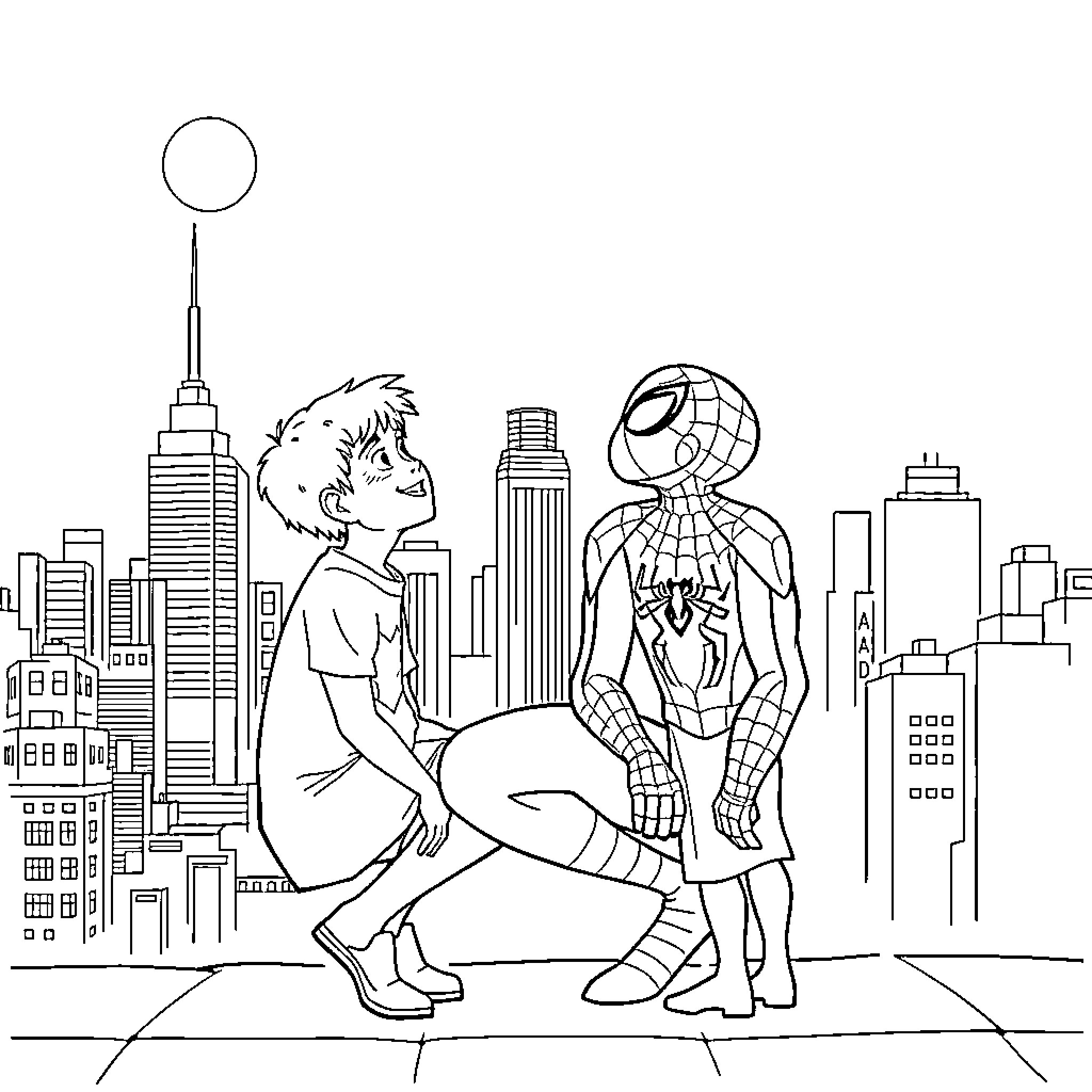 Spiderman assisting a young person in the city Coloring Page (free black-and-white line drawing printable PDF for all, from beginners to advanced learners, including children, teens, adults, and seniors)