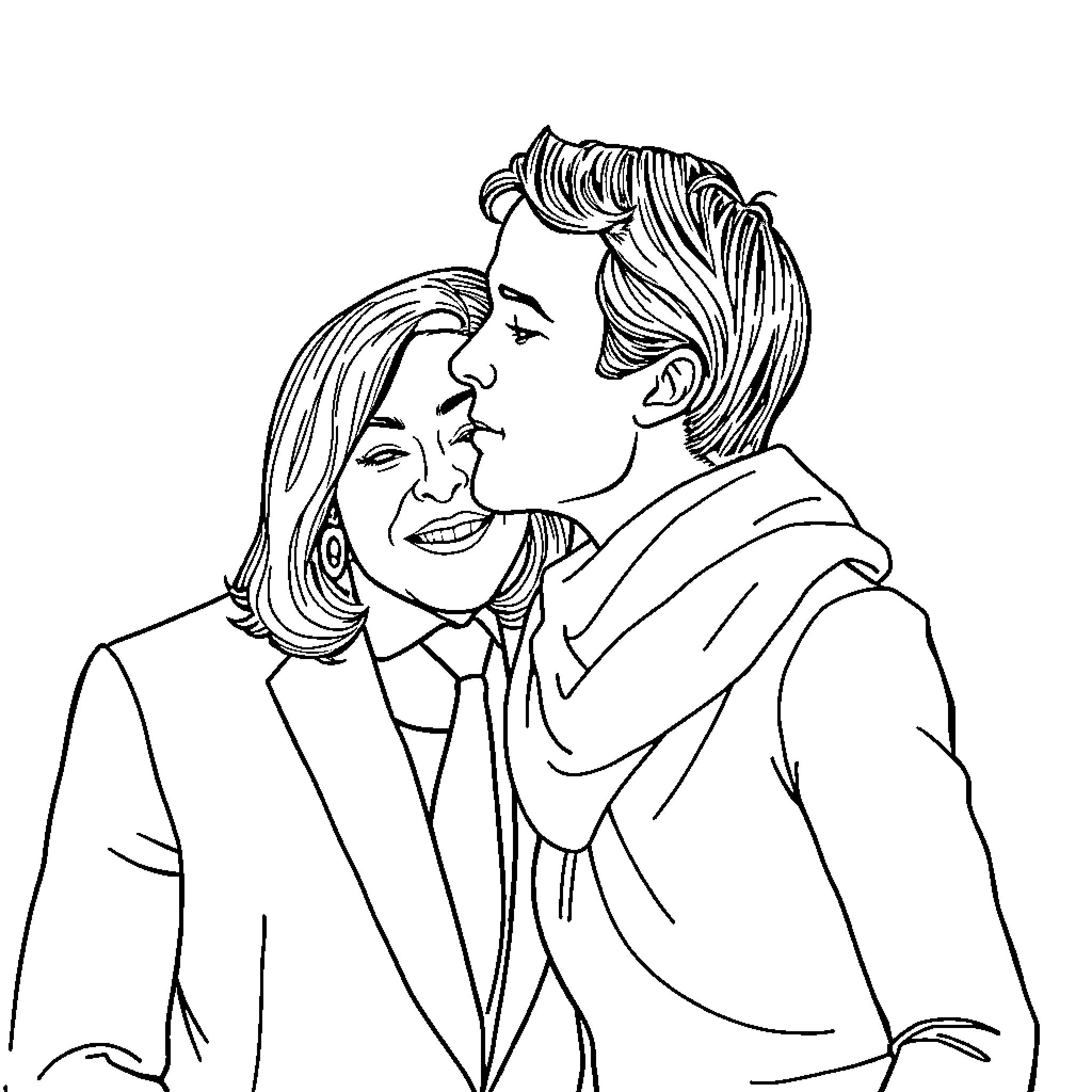 Macron embracing companion in a loving gesture Coloring Page (free black-and-white line drawing printable PDF for all, from beginners to advanced learners, including children, teens, adults, and seniors)