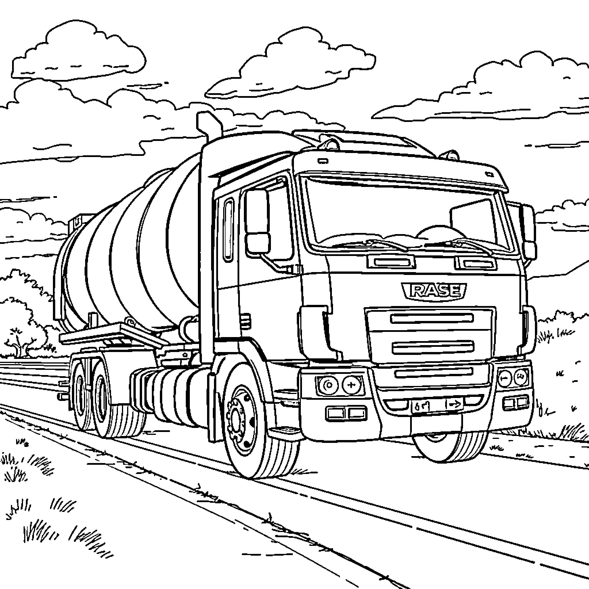 Dump Truck on a Rural Road Coloring Page (free black-and-white line drawing printable PDF for all, from beginners to advanced learners, including children, teens, adults, and seniors)