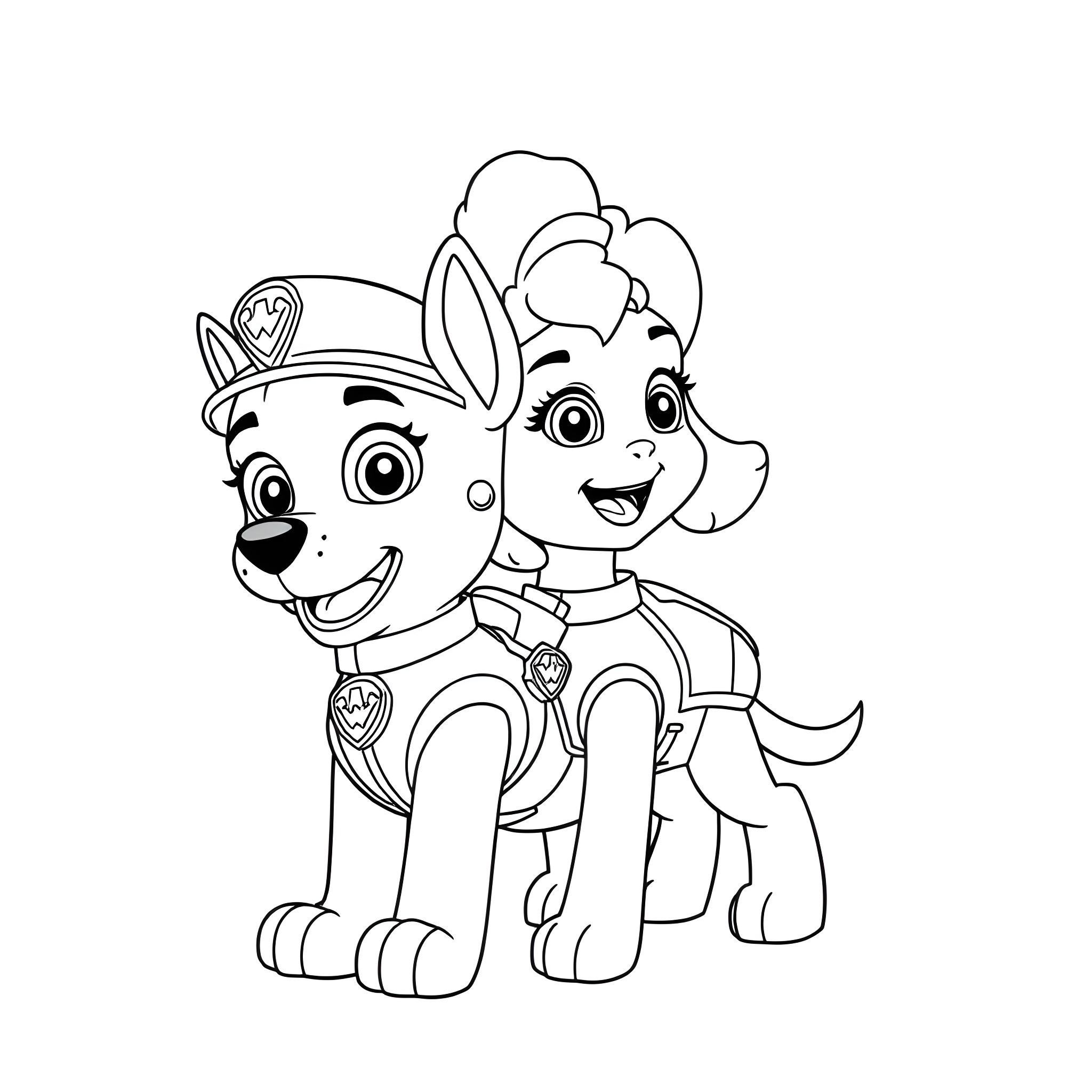 Skye the pup in her police uniform Coloring Page (free black-and-white line drawing printable PDF for all, from beginners to advanced learners, including children, teens, adults, and seniors)
