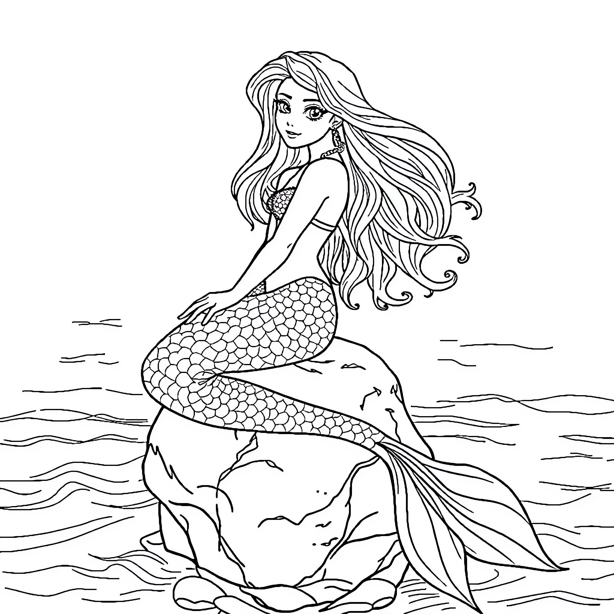 Mermaid sitting on rock with flowing hair Coloring Page (free black-and-white line drawing printable PDF for all, from beginners to advanced learners, including children, teens, adults, and seniors)